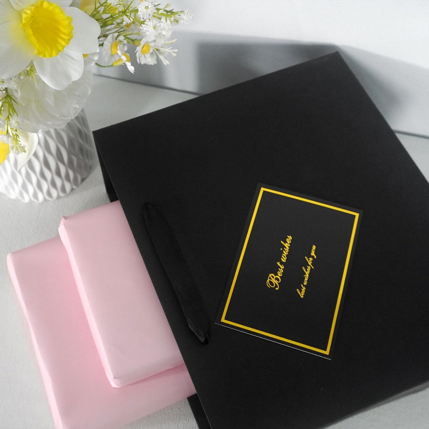 Elegant Black Gift Bag 11.8"x4.5"x9.8" with Ribbon Handles, Includes Card and Tissue Papers, Perfect for Birthdays, Weddings, Parties, Holidays, Baby Shower