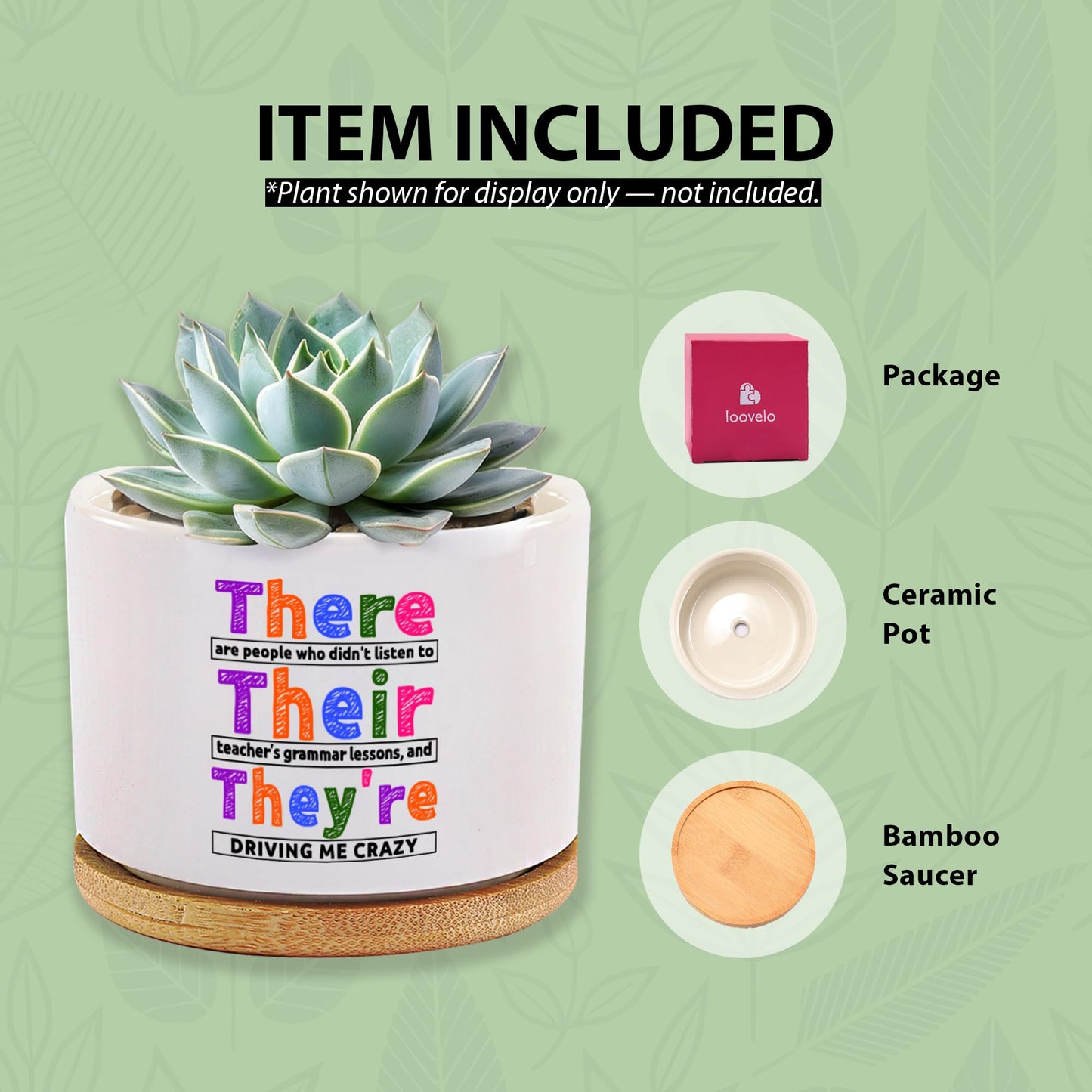There Their They're Grammar English Teacher Gifts Editors Writers Teacher Appreciation Day Gifts Ceramic Succulent Plant Pot with Bamboo Tray Round Home Office Decor 3.5 Inch White (No Plants)