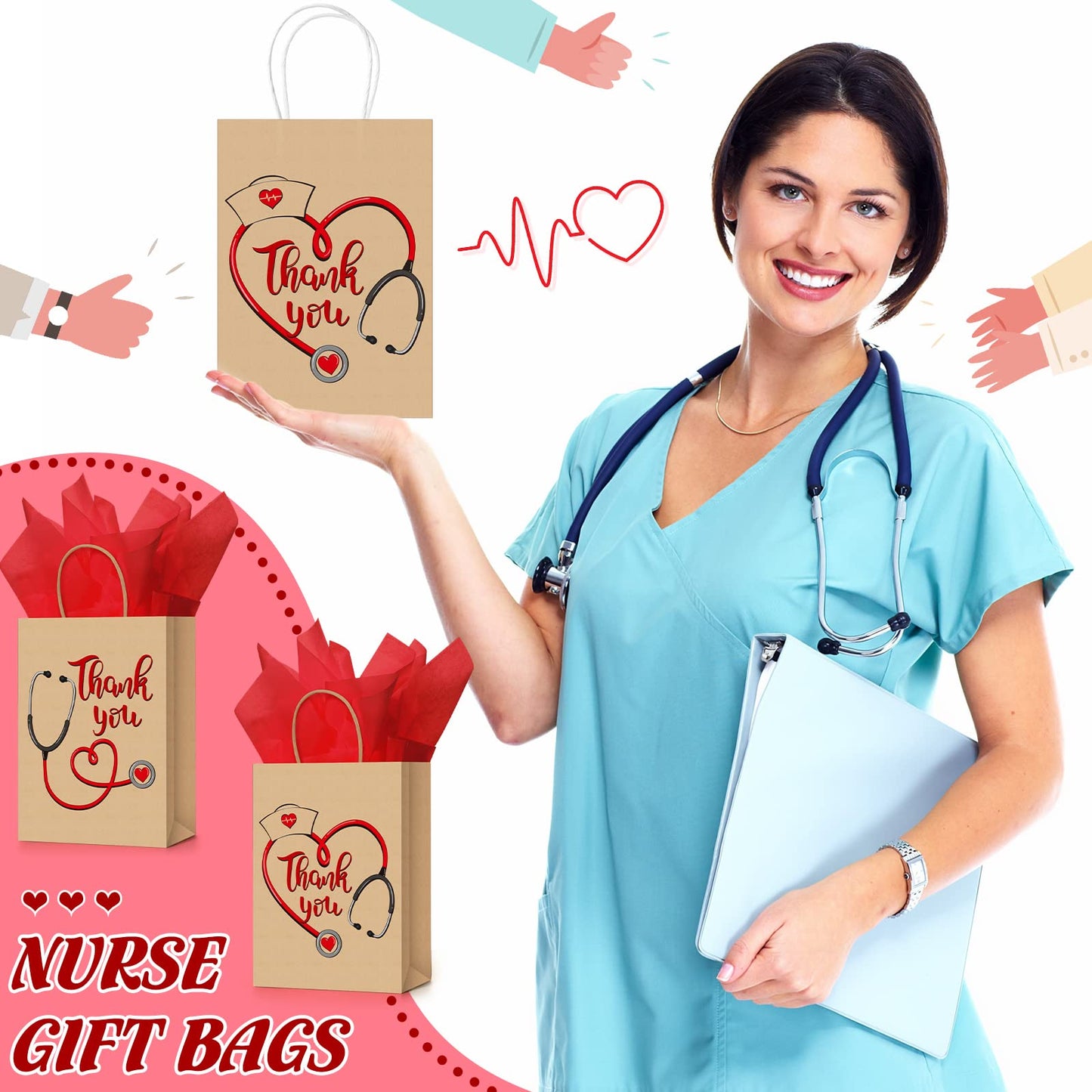 Glenmal 30 Pcs Thank You Nurses Bags with Tissue Paper Kraft Nurses Week Gift Bags Bulk Nurse Graduation Storage Bags Appreciation Nurse Goody Bags for Nurse Day Party Favors Gift Wrapping Supplies