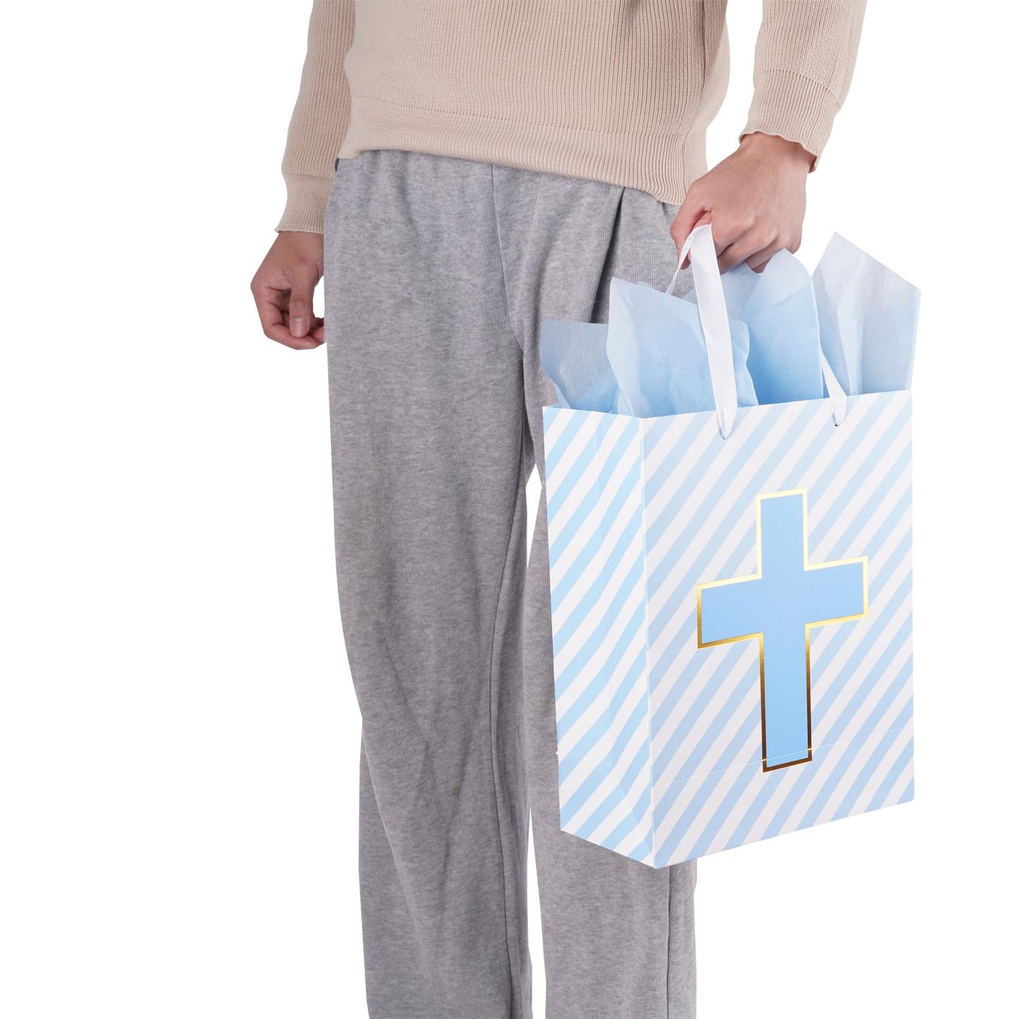 Lyforpyton13"Blue Cross Baptismal Gift Bag with Tissue Paper and Card, Suitable for Baptism, First Communion in Religion
