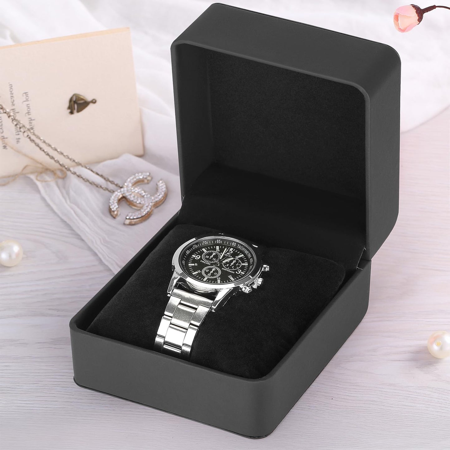 Single Watch Case, Travel Watch Gift Box with Removable Pillow, Luxury PU Leather Wristwatch Display Organizer Holder Boxes for Mem and Women (Black)