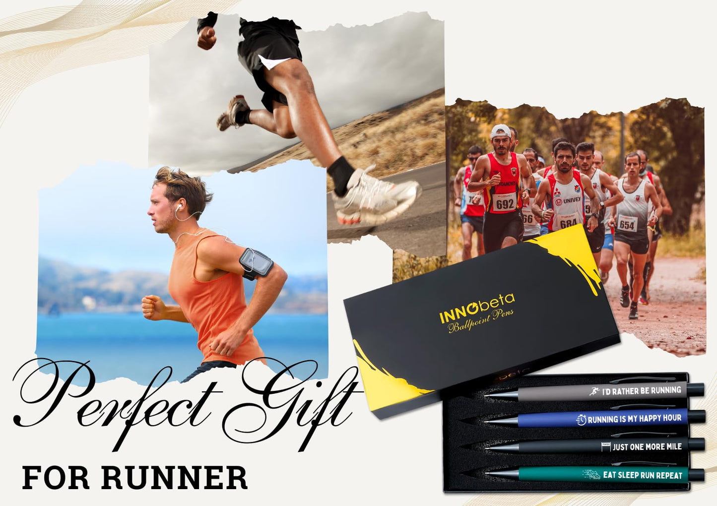 InnoBeta Gifts for Runners Men/Female, Ballpoint Pen Set of 4, Funny Runner Gifts in Birthday Christmas - Grey