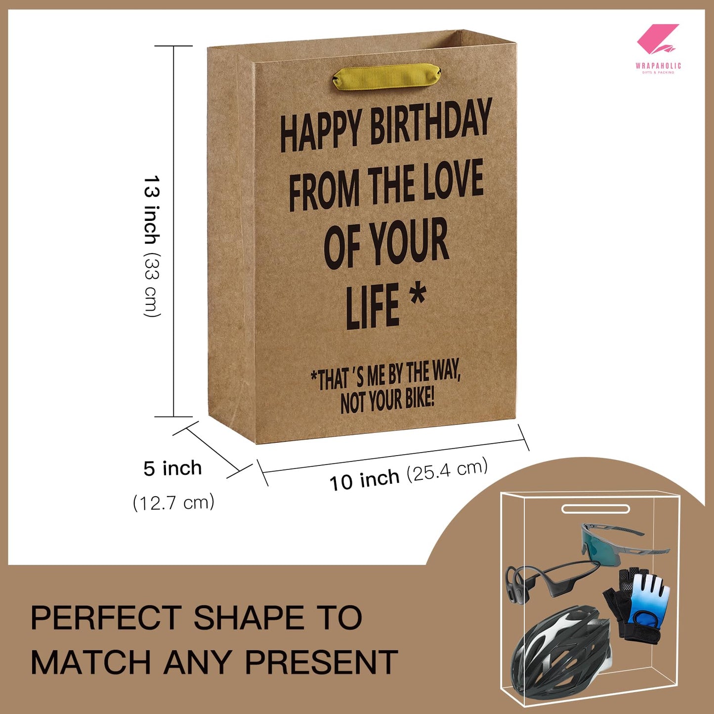 WRAPAHOLIC 13" Large Birthday Kraft Paper Gift Bag - The Love of Your Life That's Me Not Your Bike Lettering Funny Paper Bags for Birthday, Bike Lover, Husband, Boyfriend