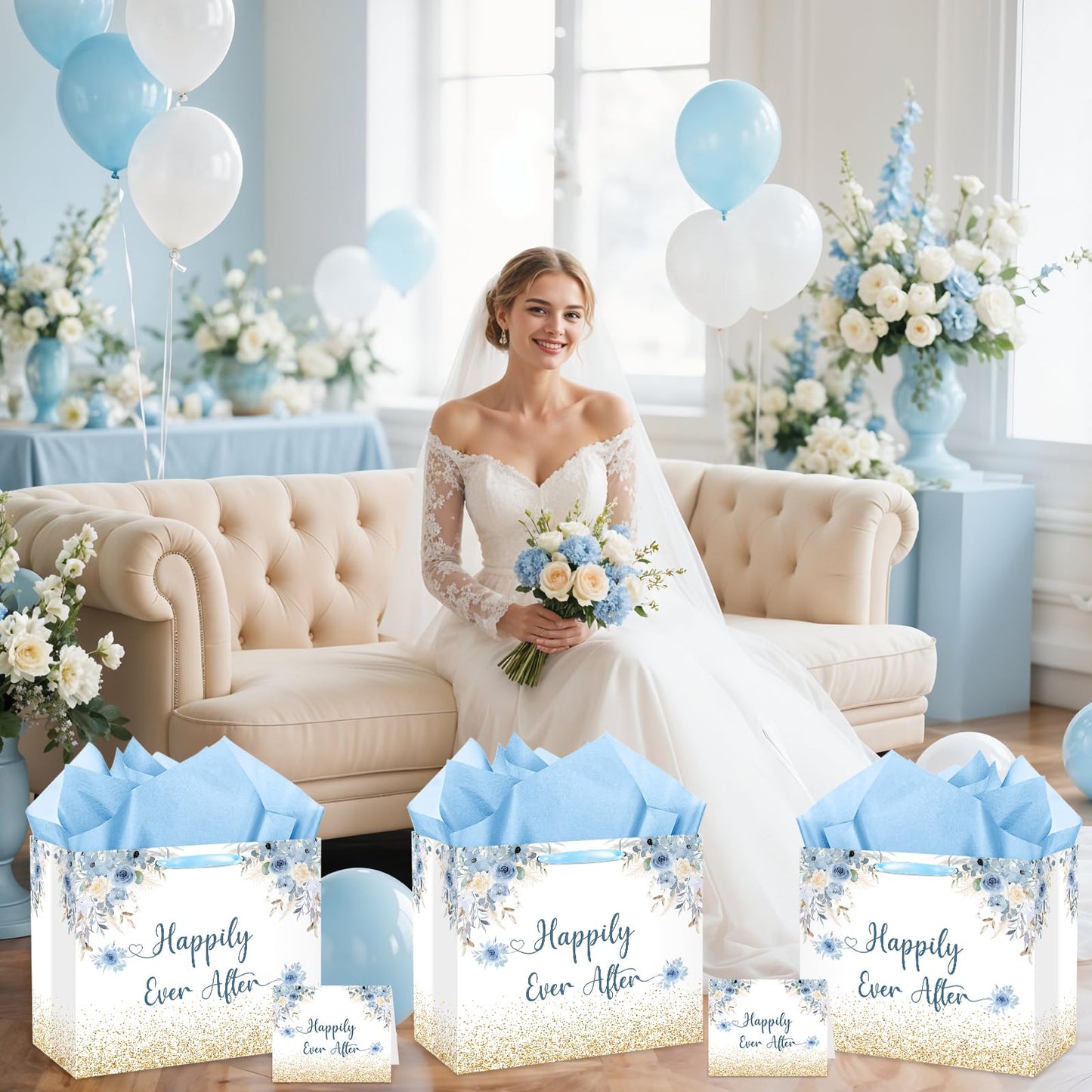 Wedding Gift Bag Bridal Shower Gift Bag with Tissue Paper and Card Engagement Bride to Be Paper Bags Happily Ever Life Wedding Wrapping Paper for Bride to Be Engage Bachelorette Party Supplies Decor