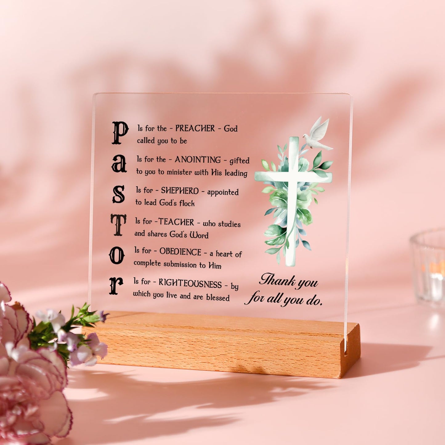 Afterprints Pastor Appreciation Gifts, Thank You Acrylic Plaque with Wooden Stand, Pastor Gifts for Men, Birthday Christian Gift for Preacher, Tabletop Sign Decoration