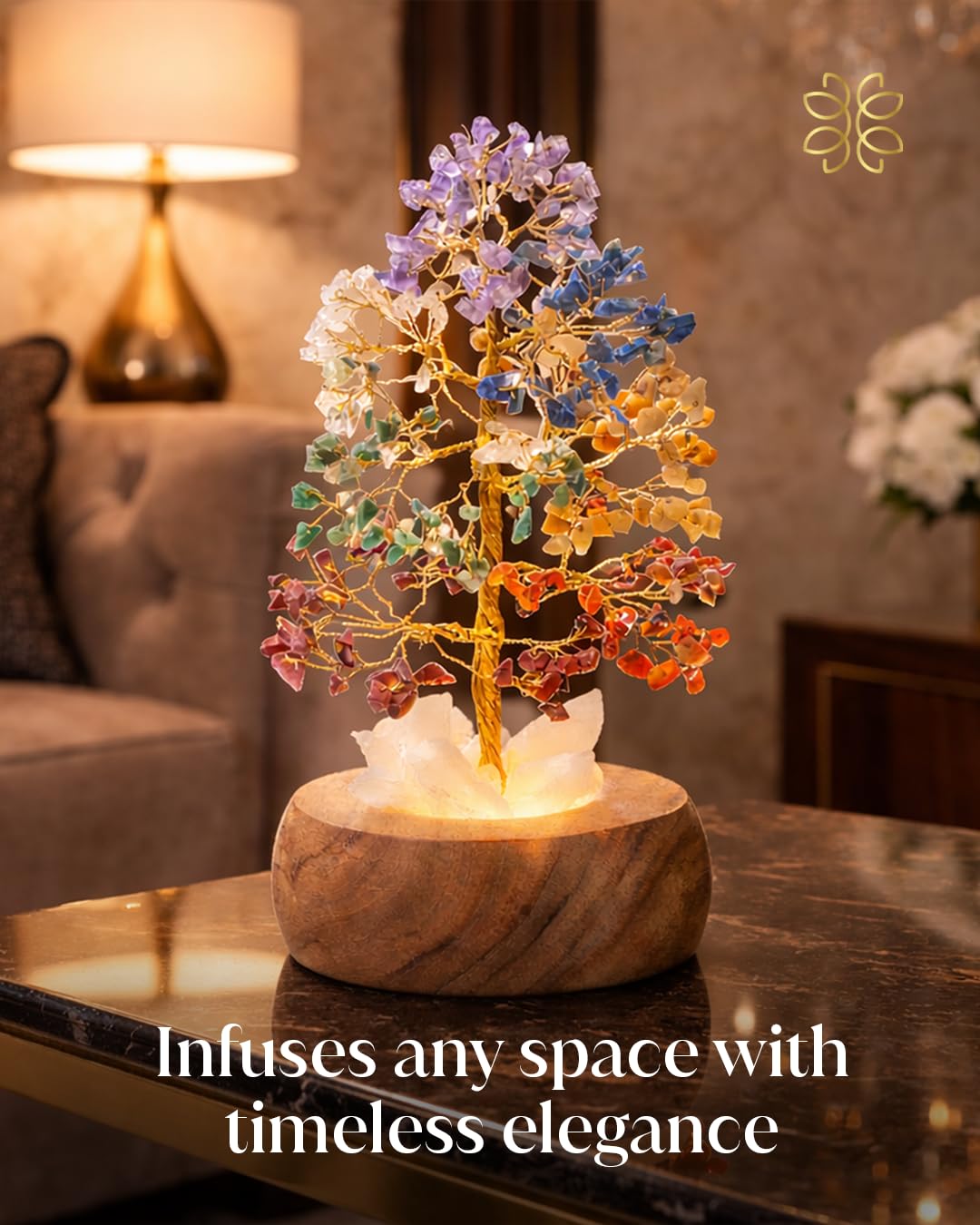 7 Chakra Crystal Tree of Life with LED Light, Handcrafted Gemstone Bonsai with Quartz Crystal Base & Acacia Wood Stand, Spiritual Home & Office Décor, Gift for Women,
