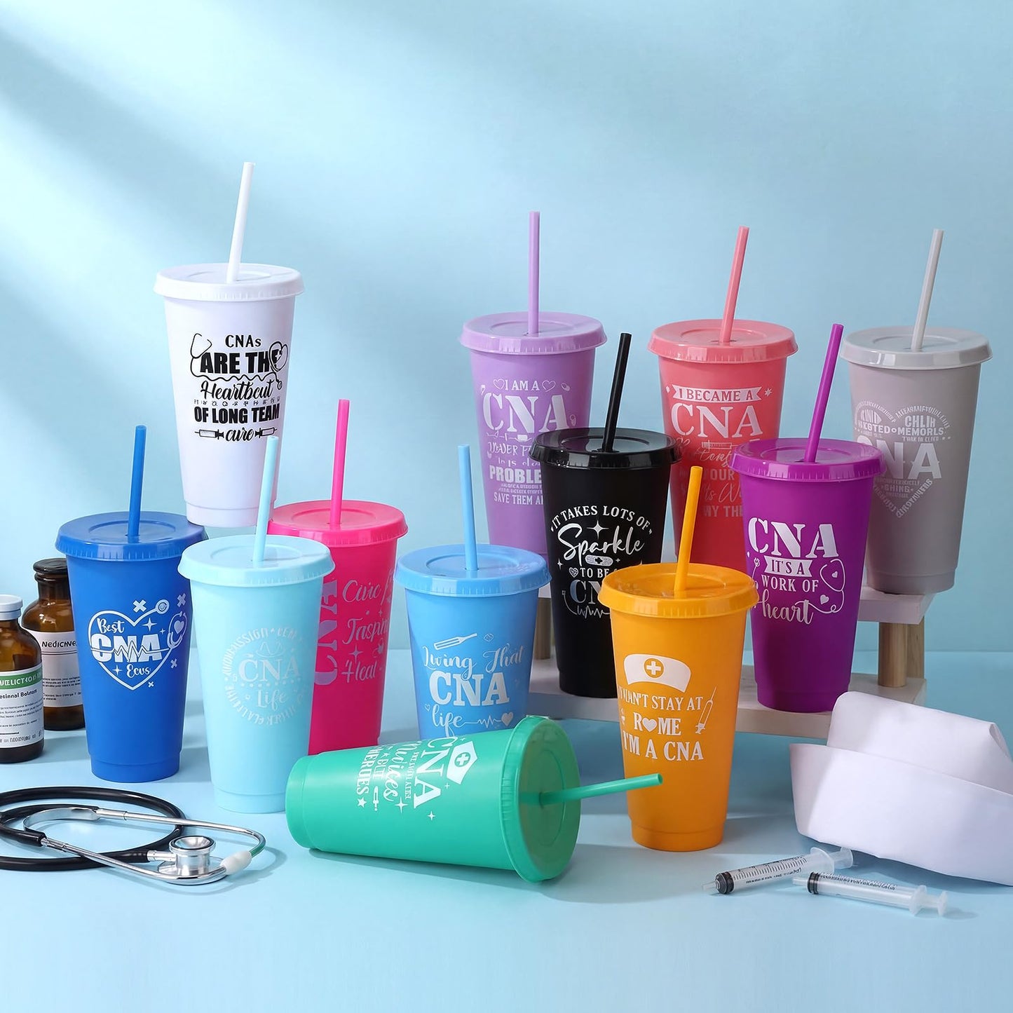 Meanplan 24 Pcs Cna Week Gifts Bulk Certified Nursing Assistants Gifts Cna Cups with Lids and Straws 24 oz Plastic Tumbler Nurse Appreciation Travel Mugs for Graduation Retirement Party Favors