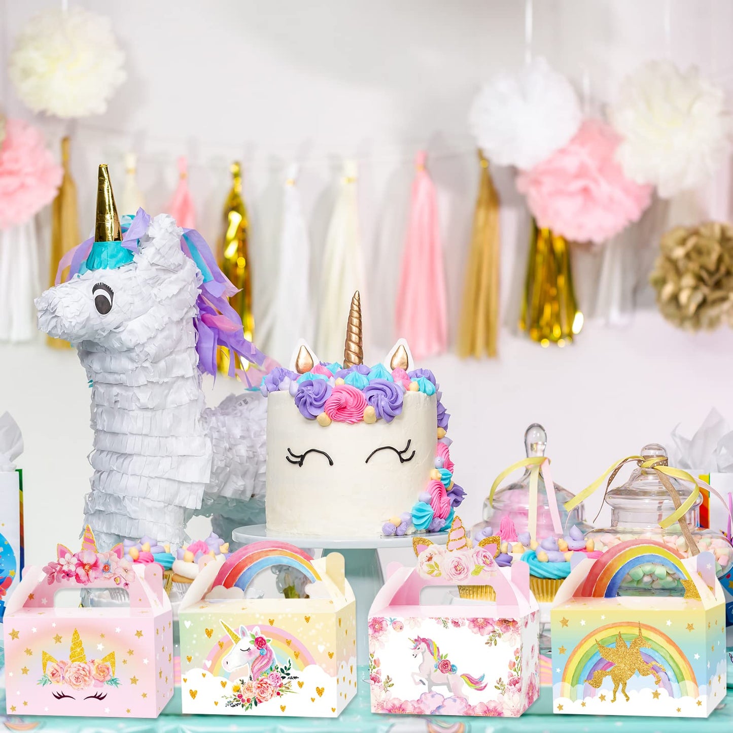 Tevxj 12 Pack Unicorn Party Favor Treat Boxes Unicorn Goodies Gift Boxes Party Supplies Birthday Bags Pastel Rainbow Theme Candy Bag for Girls Birthday Kids Decoration 6 x 3 x 3.5 Inches