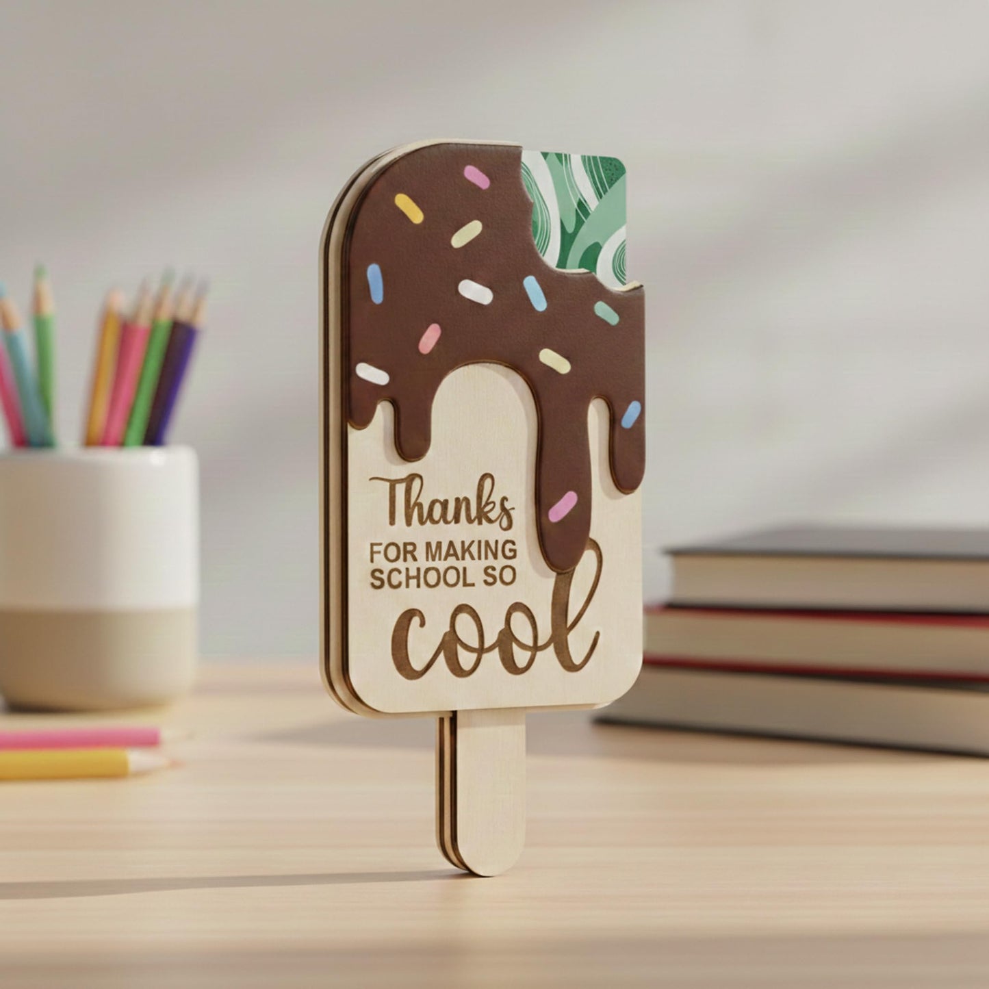 School is Cool Set 2 Pieces 3D Wooden Ice Cream Teacher Gift Card Holder, Teacher Appreciation Gift, Thank You Keepsake for Educators, End of Year & Back to School Surprise (Chocolate)