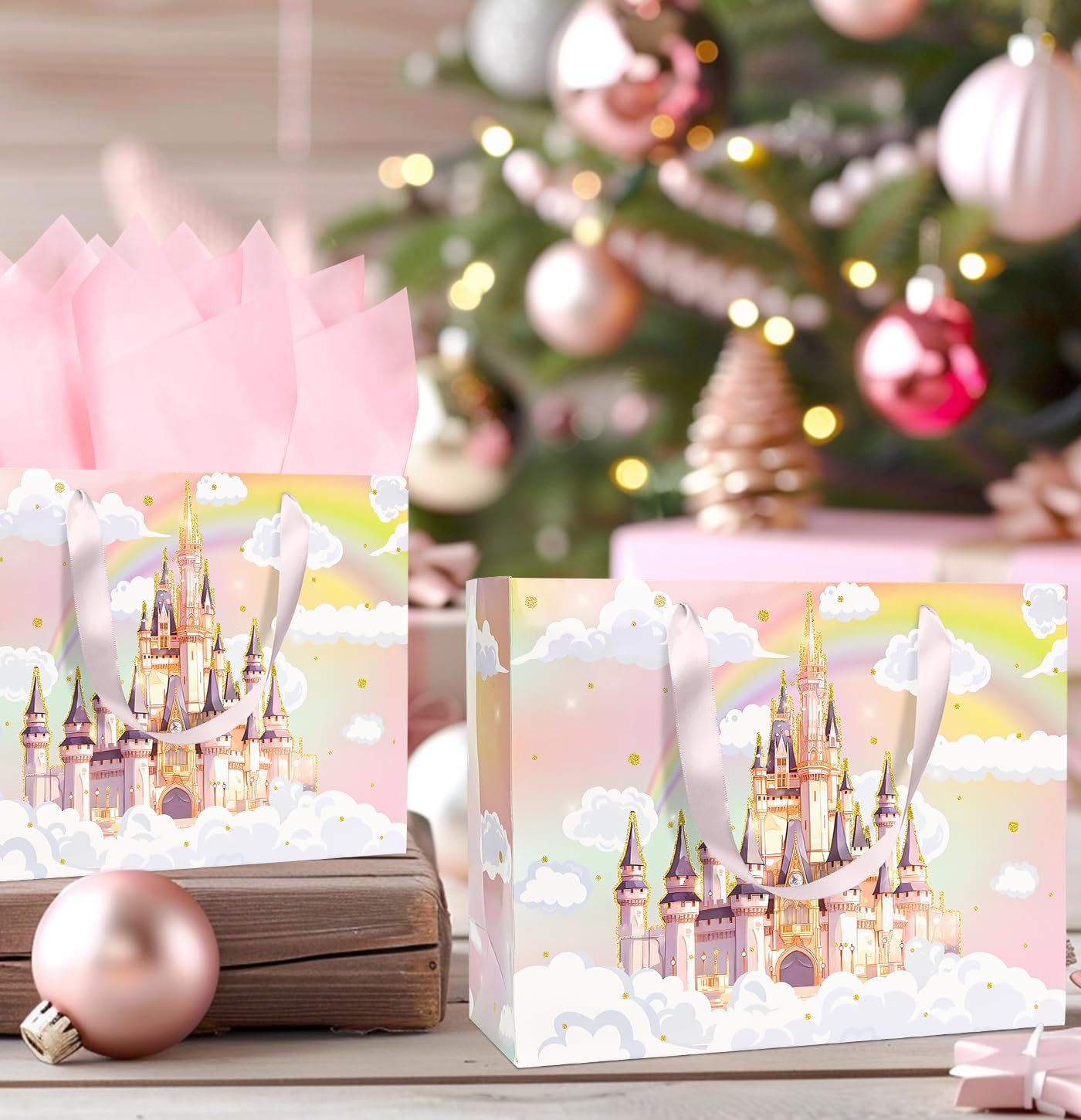 MUNILAIL 13 Inches Castle Gift Bag for Girls Large Gift Bag with Handle Tissue Paper and Greeting Card for Kids Birthday Princess Themed Party Large Paper Gift Bag