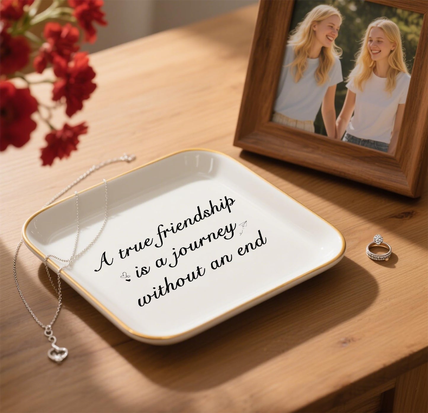 Friendship Gifts for Women - A True Friendship is a Journey Without an end Ceramic Trinket Tray Jewelry Dish Birthday Gifts for Female Friends, Unique Gift for Women Birthday Bridal Shower Gifts