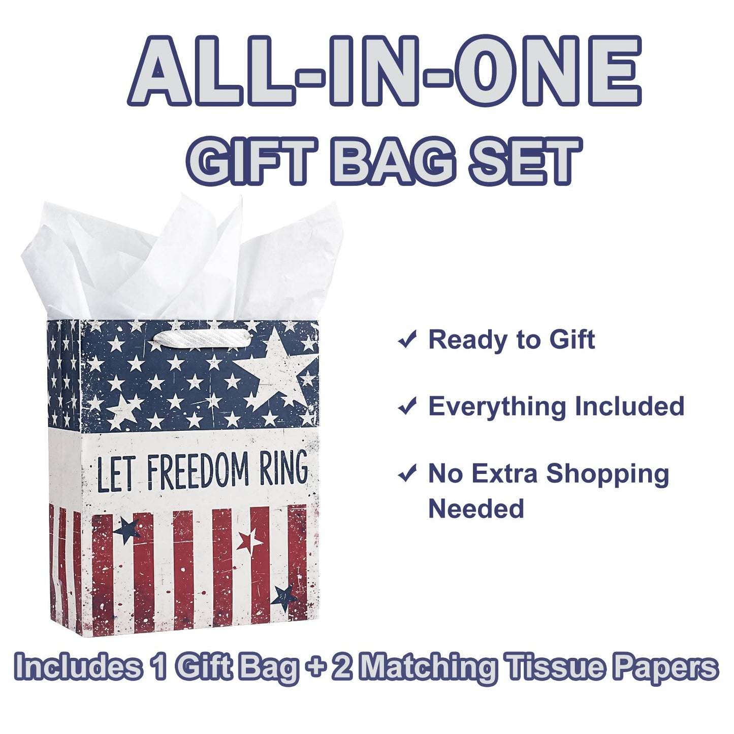 LeZakaa 13" Patriotic Gift Bag with Tissue Paper, Let Freedom Ring American Flag Gift Bag for 4th of July Independence Day Party Gifts, Memorial Day, 13" x 10" x 5", 1 Pc