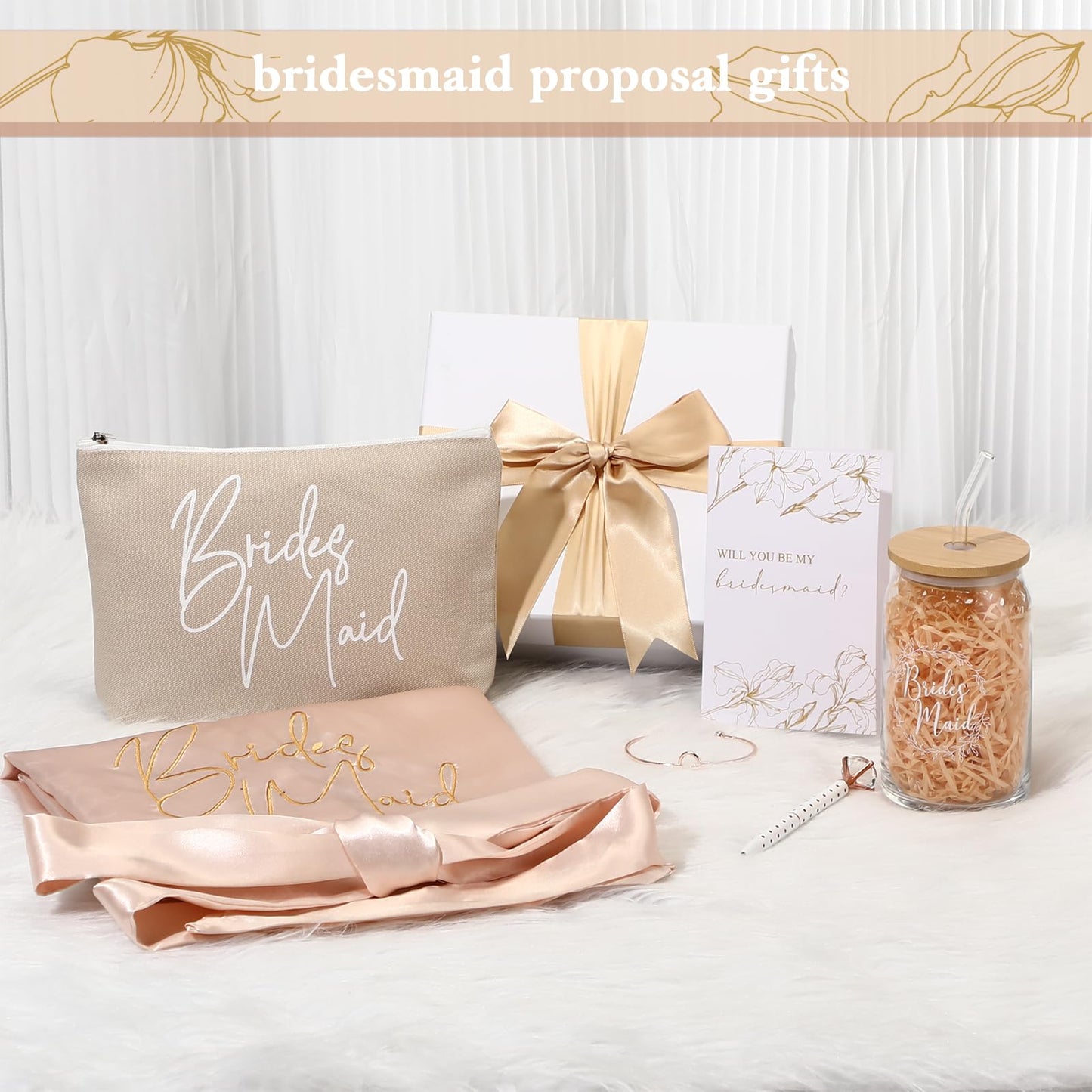 Irenare Bridesmaid Proposal Gifts Set Robes Makeup Bag Cup Cards Hair Tie Bracelet Diamond Pen Bridesmaid Gift Box(Champagne,8 Pcs)