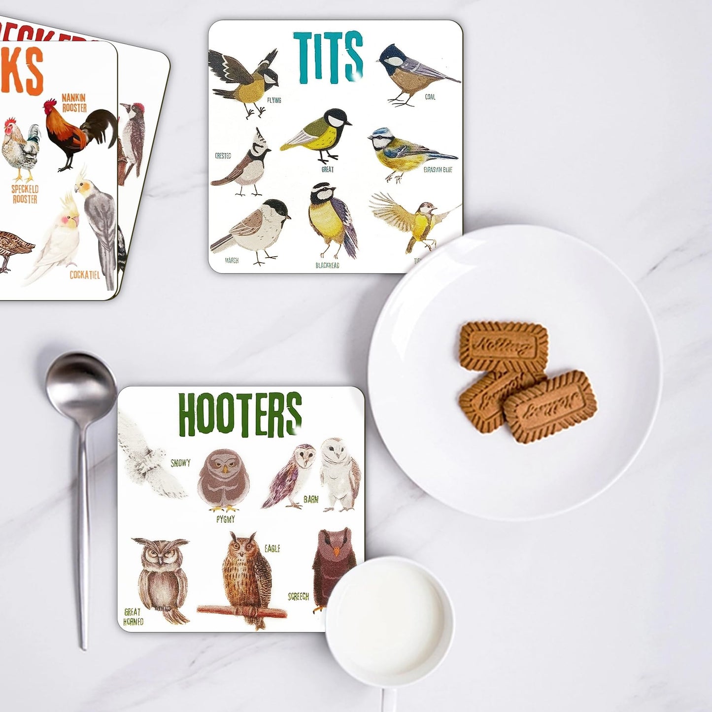 Bird Pun Coasters, Square Funny Coaster Set Coffee Coasters for Bird Lovers Kitchen Decor Housewarming Gifts (4 Pcs)