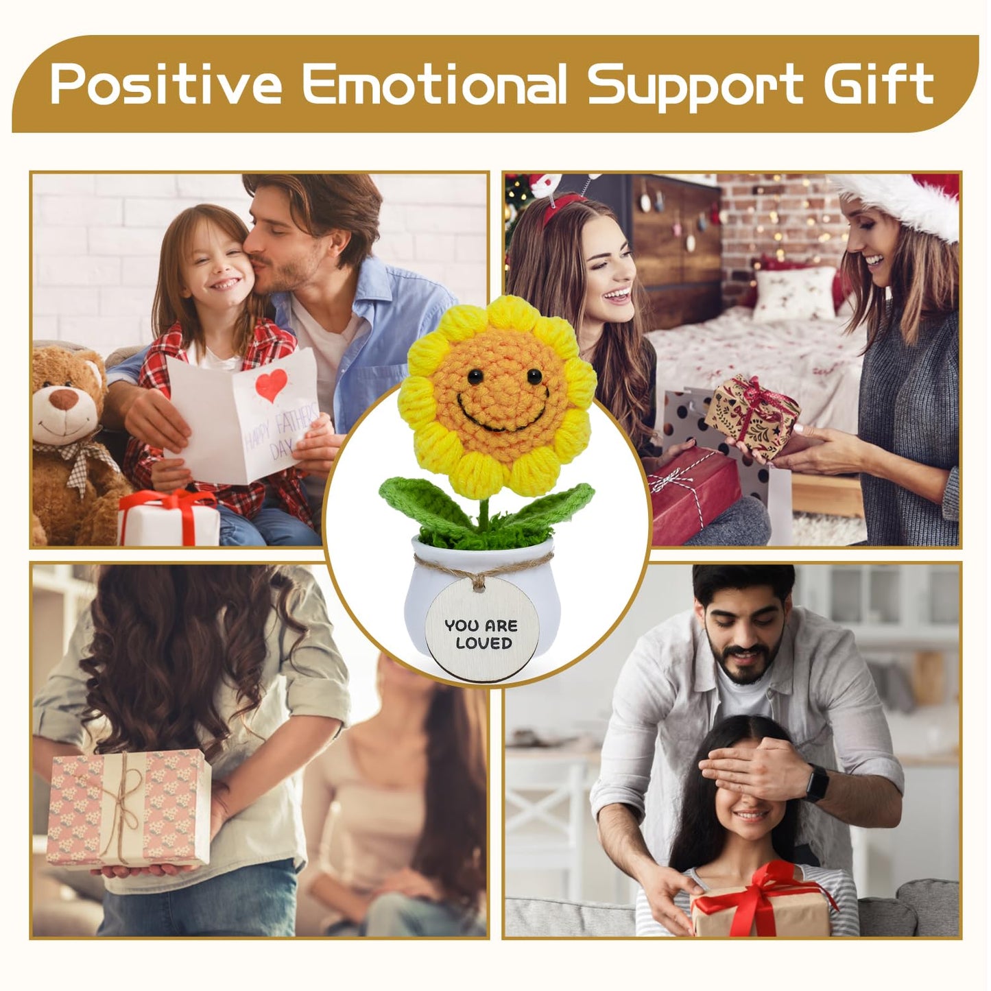 MSEHKM Encouragement Crochet Flowers with Positive Wooden Affirmations Handmade Artifical Flower Decor Ideal for Birthday/Christmas/Thank You Present (Gold Sunflower, You are Loved)