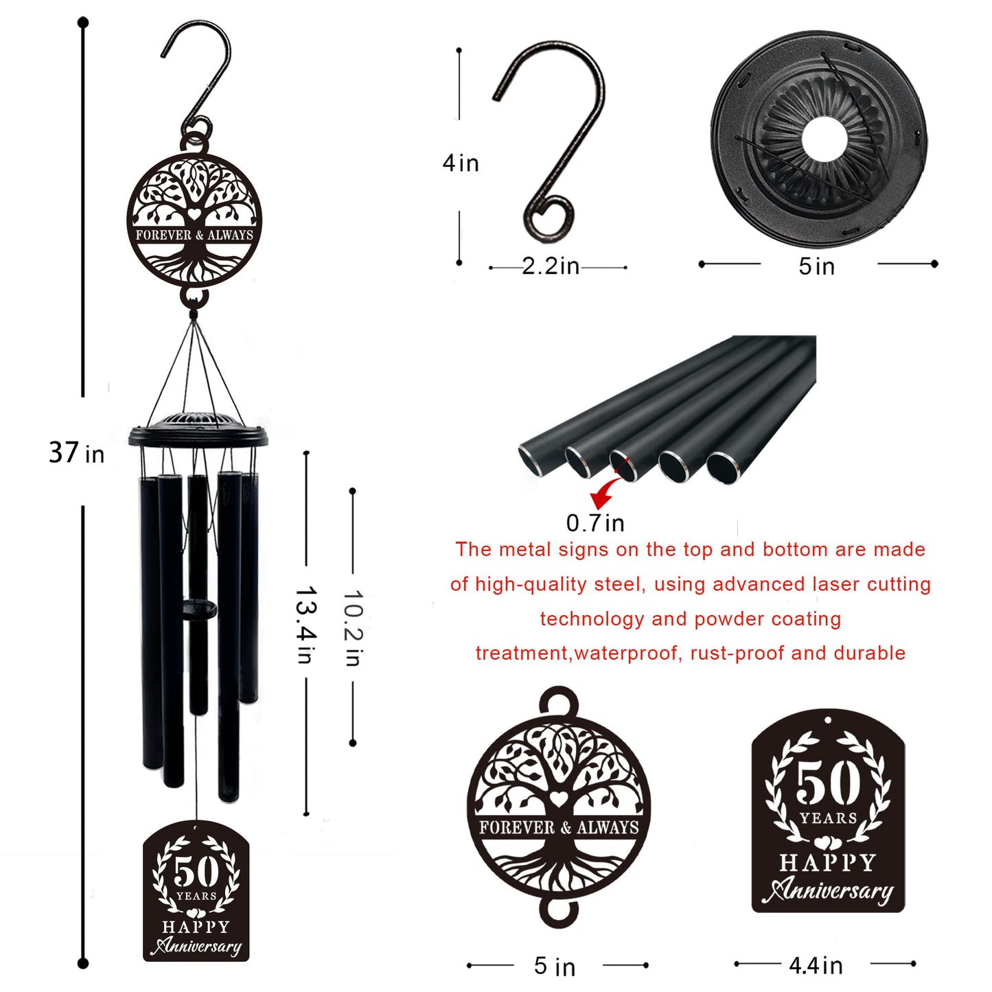 50th Anniversary Wedding Gifts for Couple,37" Golden Wedding Anniversary Wind Chimes, Unique 50 Years Marriage Keepsake for Parents Grandparents Wife Husband Friends (Tree of Life)