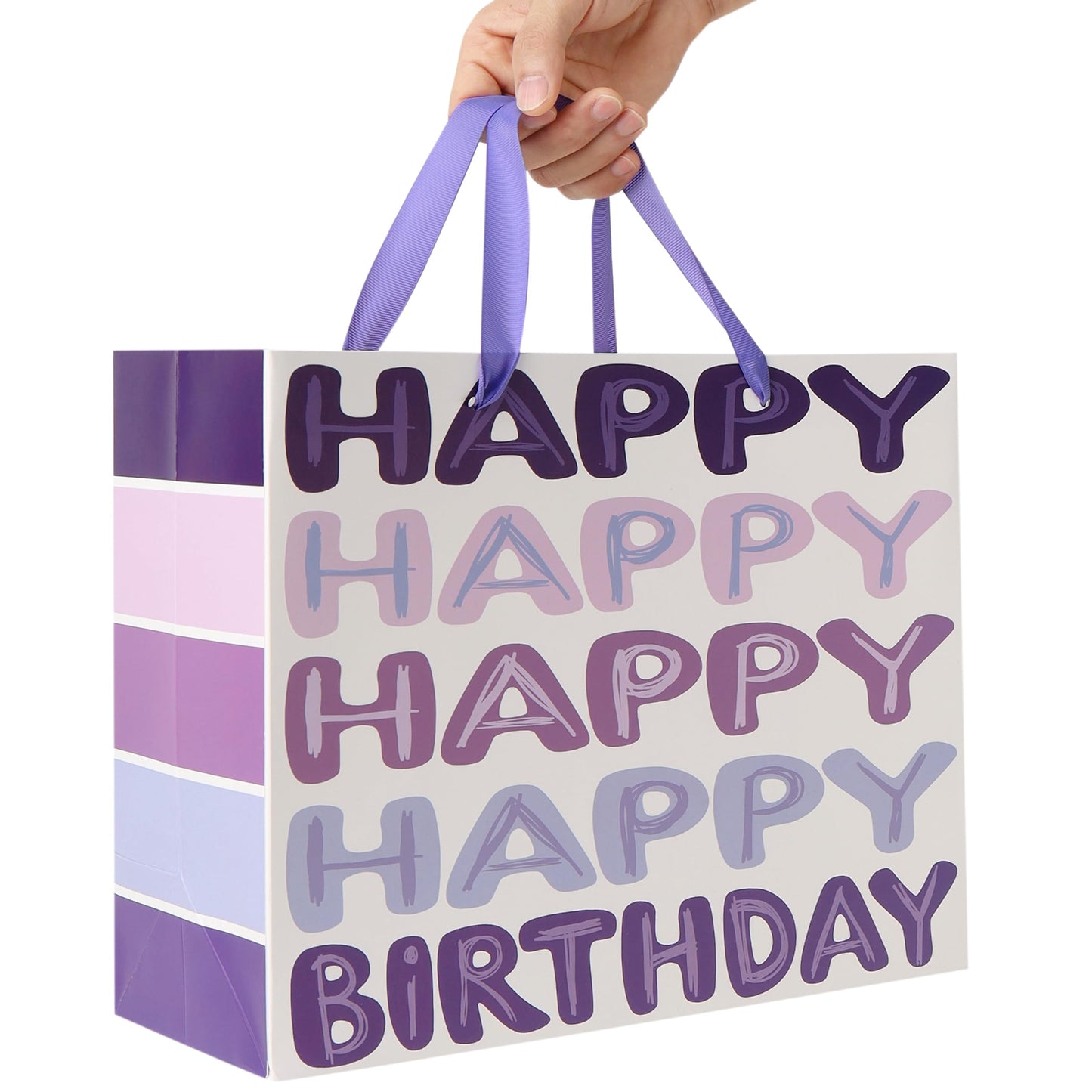 Qirrmiy 13'' Large Purple Happy Birthday Gift Bag Set with Handles, Greeting Card, Tissue Papers and Stickers for Women Girls Kids Teens, Words Design, 1 Pcs