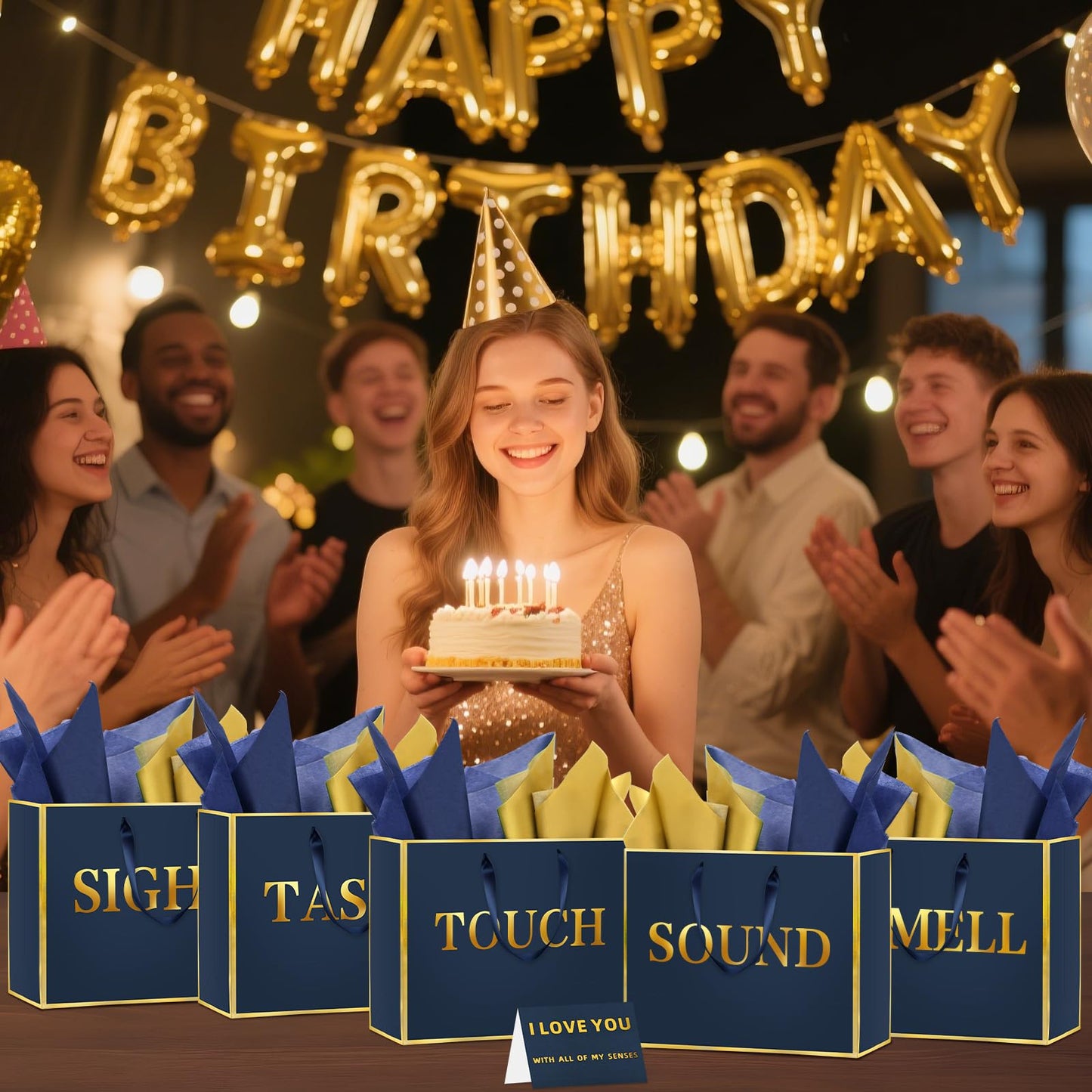 5 Senses Gift Bags for Him Her with Labels, Handles & Tissue Paper - Gold Foil Five Senses Gift Bags Party Decor for Birthday, Wedding, Anniversary,Christmas, Valentine's Day (Navy Blue, 11.8x 10x 4 inch)