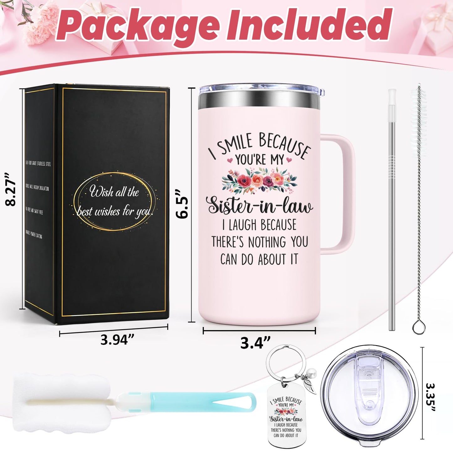 Lifecapido Sister in Law Gifts, I Smile Because You’re My Sister in Law 20oz Insulated Coffee Mug with Keychain, Birthday Christmas Mothers Day Gifts, Rose Quartz