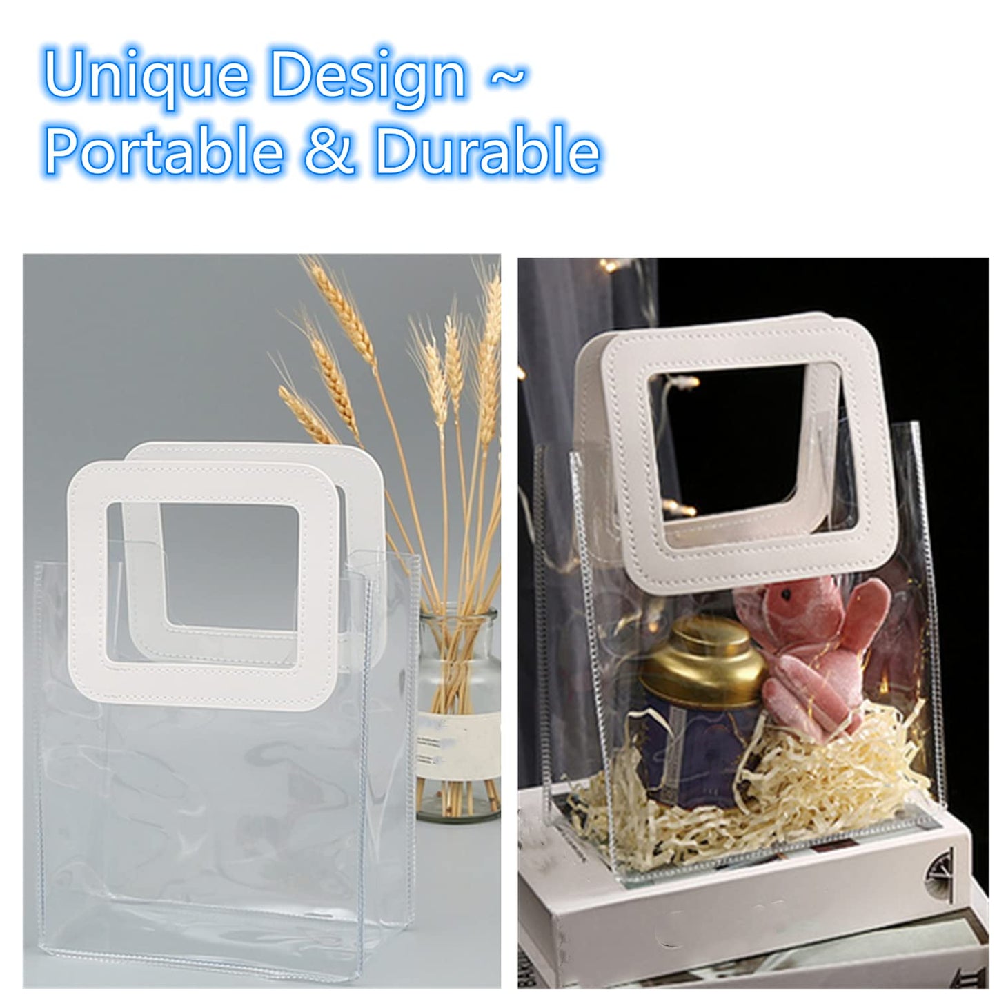 LONG XIN SERIES 6 Pcs Clear Gift Bag with Handle Transparent Plastic Heavy Duty Reusable Gift Wrap Bags for Bridal Party Wedding Favor Shopping Bag Bulk (7"x4" x8")