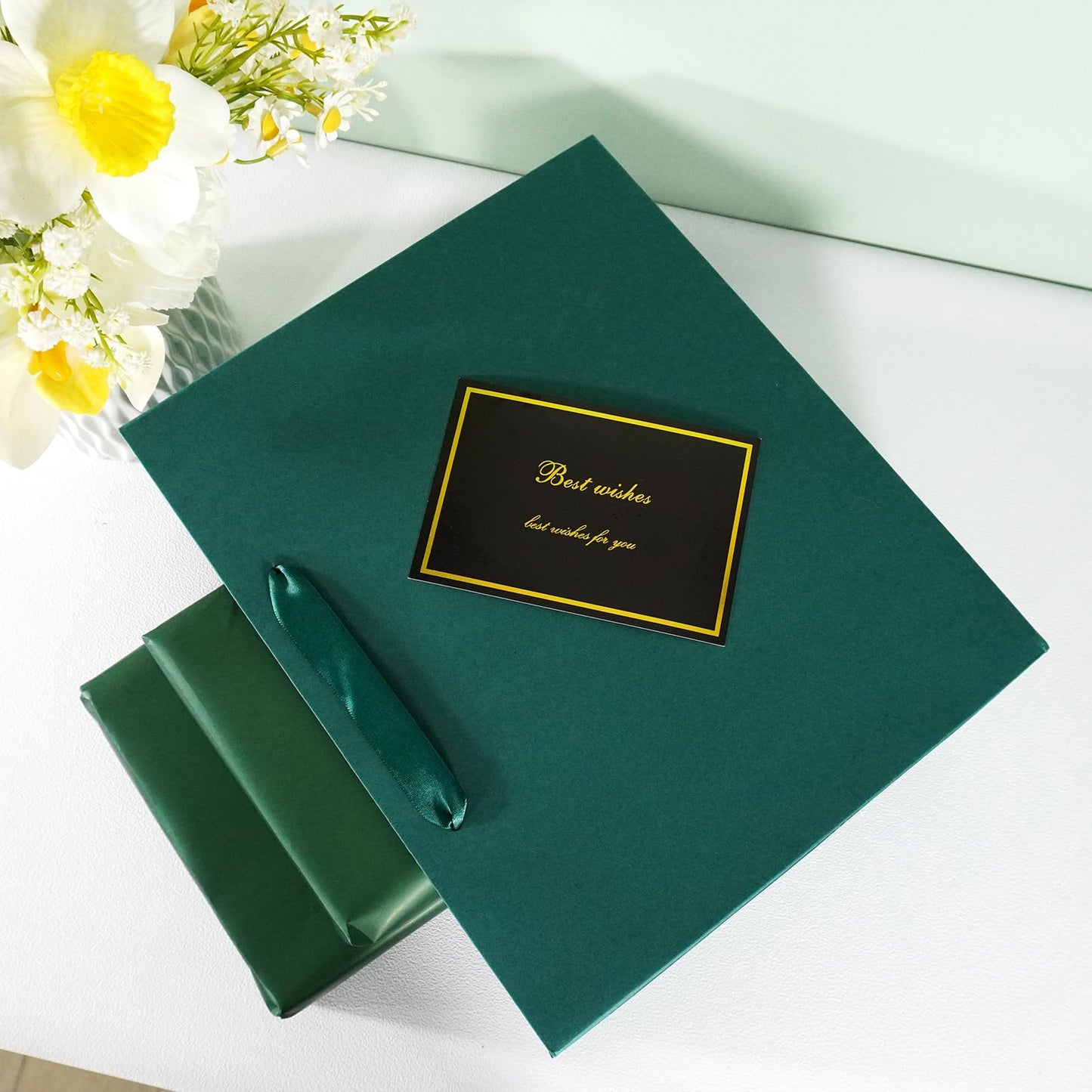 Elegant Green Gift Bag 11.8"x4.5"x9.8" with Ribbon Handles, Includes Card and Tissue Papers, Perfect for Birthdays, Weddings, Parties, Holidays, Baby Shower