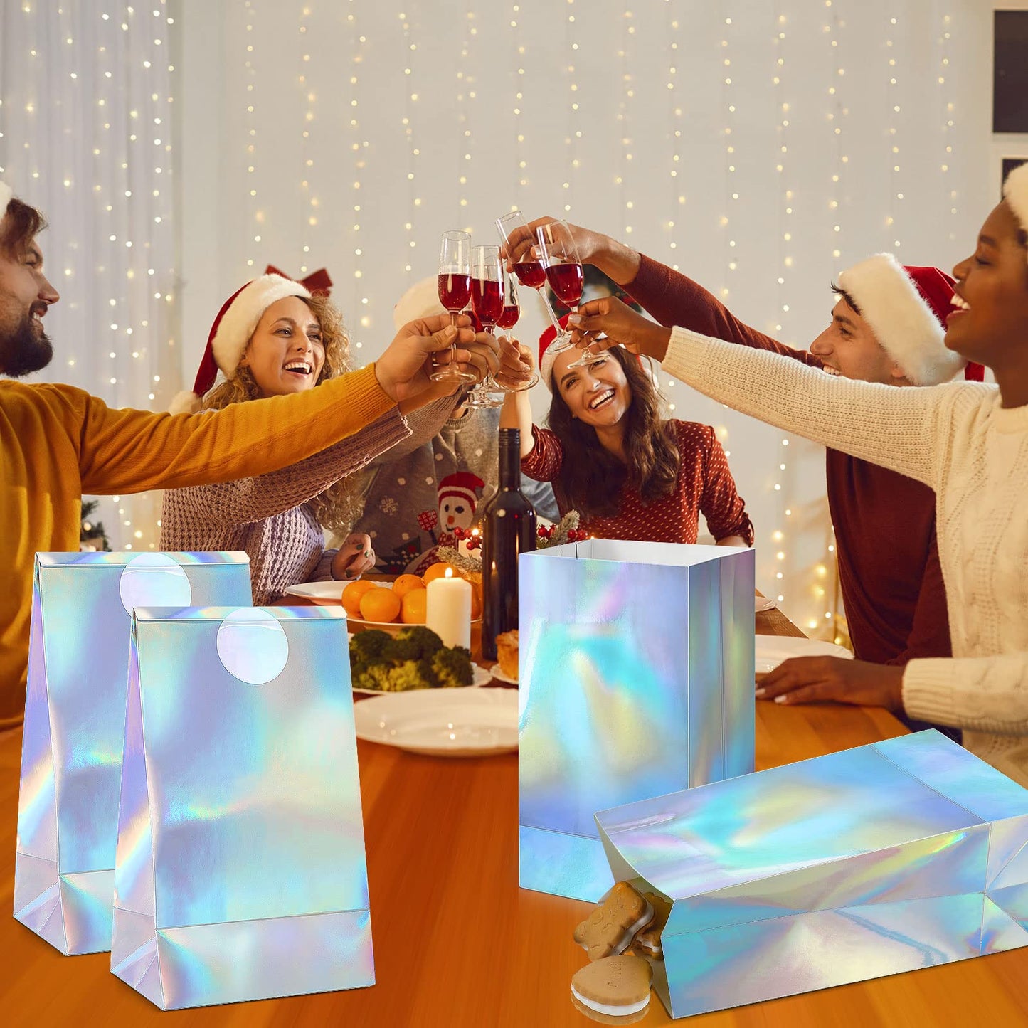 Estune 30 Pcs Iridescent Party Favor Bags with Stickers Holographic Paper Gift Bags 8. 3 x 5 x 3 Inch Reusable Glitter Foil Goodie Candy Handbag for Baby Shower Wedding Birthday Party Supplies