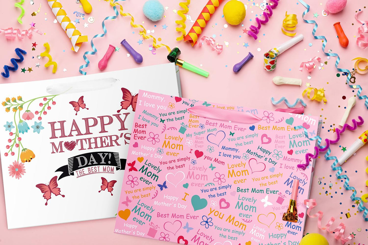 Lyforpyton 12.6" Medium Mother's Day Bag with Tissue Paper and Card for Mom, Grandma, Floral Gift Bags with Cards for Woman, Suitable for Mother's Day ( 2PCS )