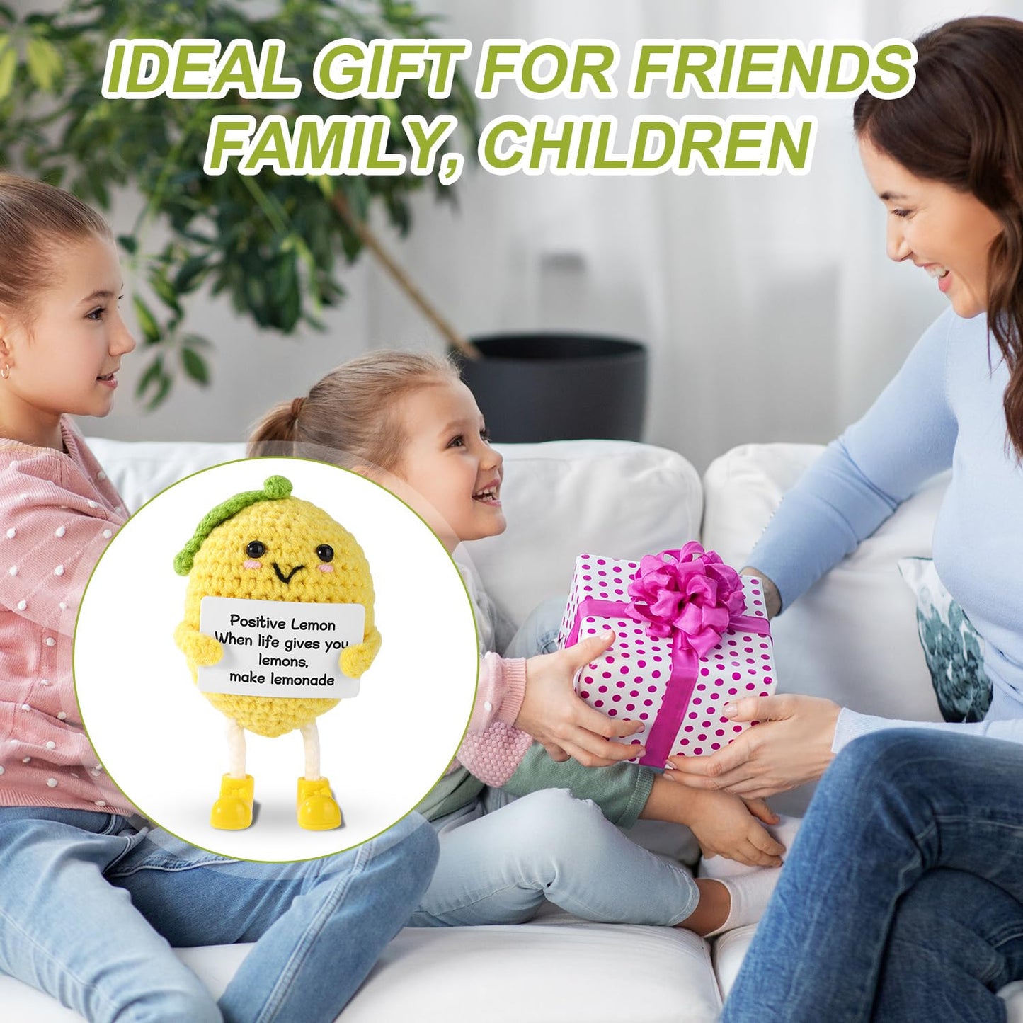 TOYMIS Funny Positive Lemon, 4.3 Inch Emotional Lemon Crochet Support Doll with Encouragement Card Cute Handmade Knitted Positive Toy for Friends Family Home Office Decoration Party Favors Accessories