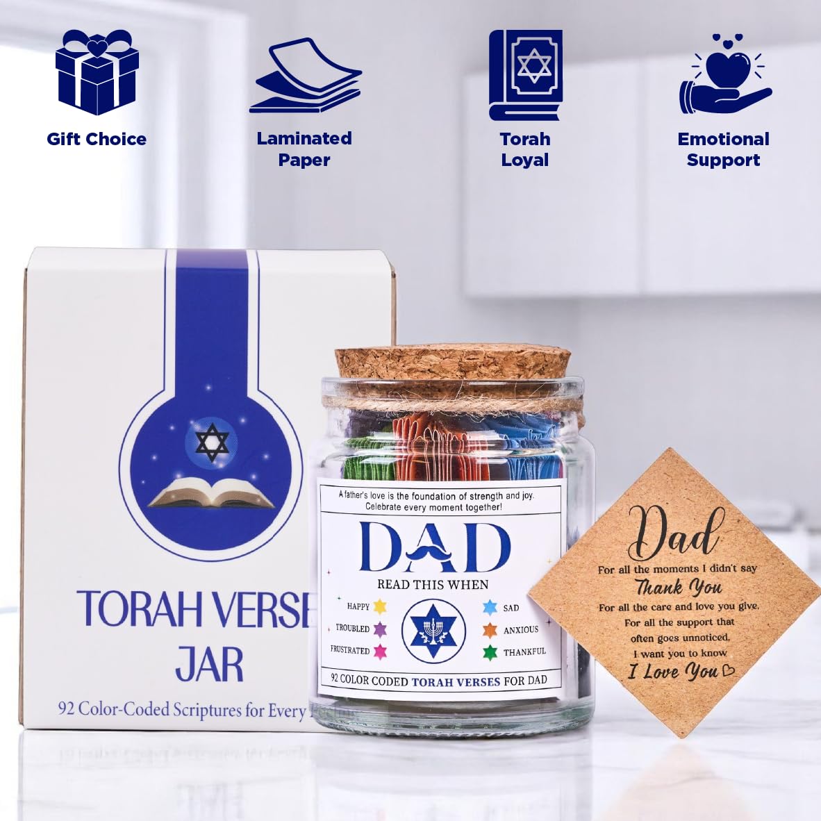 Torah Verses Jar for Dad – 92 Daily Scriptures for Reflection | Jewish Gift for Hanukkah, Birthday, Father’s Day, Rosh Hashanah | Spiritual Keepsake, Judaica Decor, Prayer Jar