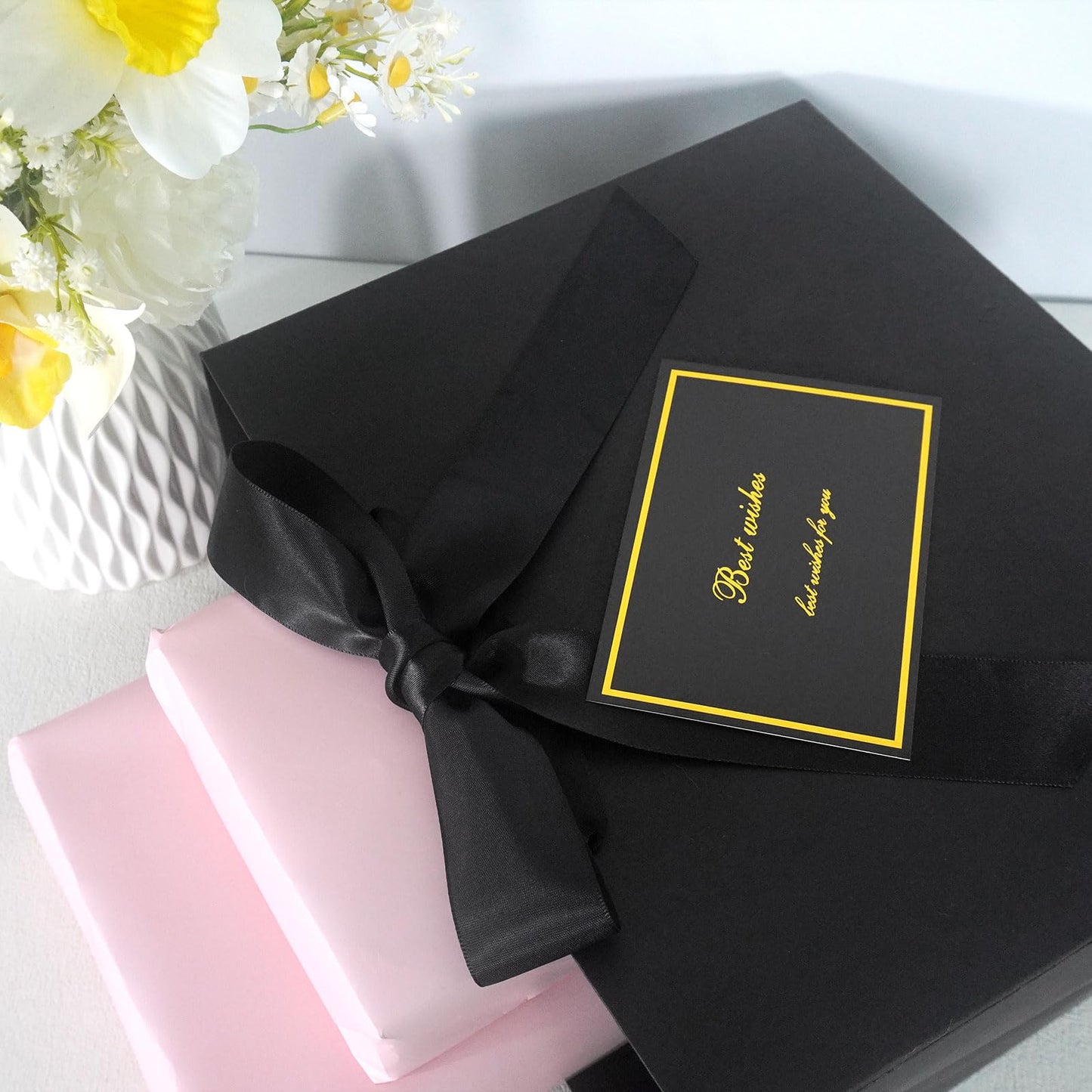 Elegant Black Gift Bag 11.8"x4.5"x9.8" with Ribbons Handles, Includes Card and Tissue for Weddings, Birthdays, Baby Shower Parties, Holidays