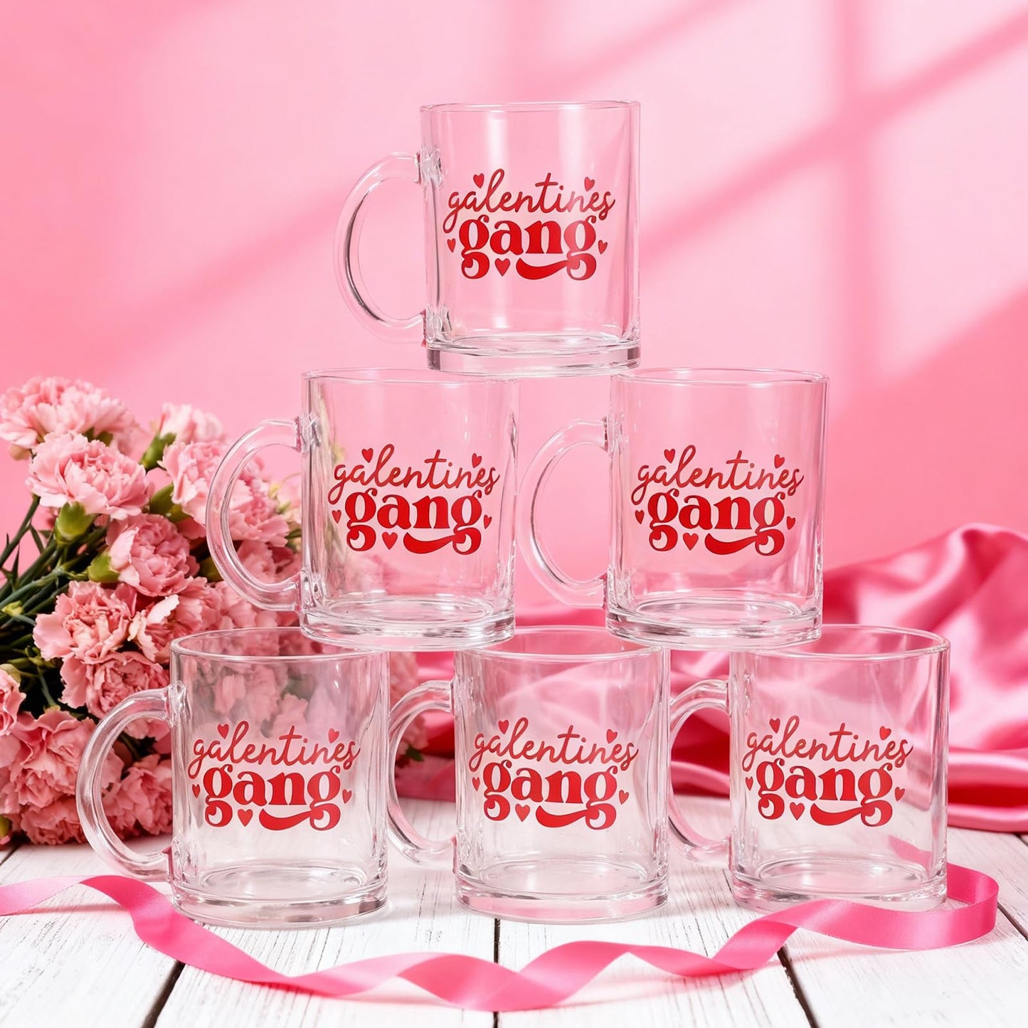 Maxcheck 6 Sets 12 oz Galentines Gang Glass Cups Galentine's Day Coffee Mugs Party Gifts Bachelorette Drinking Wine Glasses for Valentines Day Party Supplies