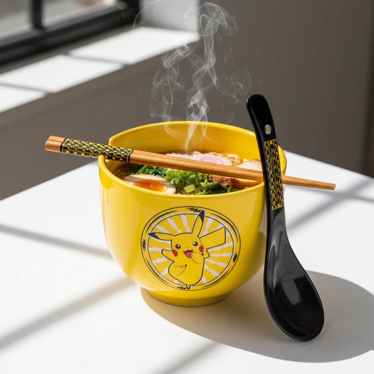 Silver Buffalo Pokemon Pikachu Electric Ceramic Ramen Noodle Rice Bowl with Chopsticks and Spoon, Microwave Safe, 20 Ounces