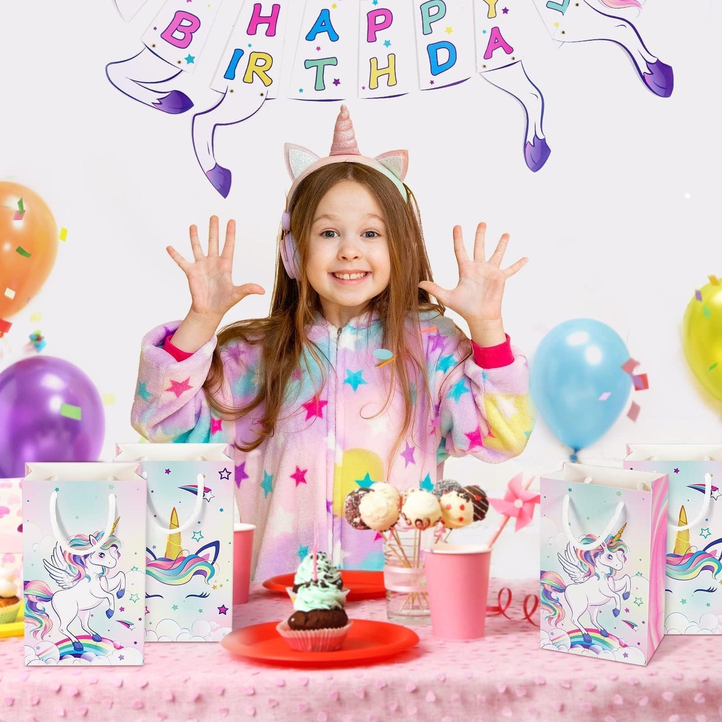 WERNNSAI 16PCS Unicorn Gift Bags - Rainbow Unicorn Party Supplies Goodie Bags for Girls Kids Birthday Unicorns Party Favor Bag with Handles Candy Treat Bag for Baby Shower Supplies