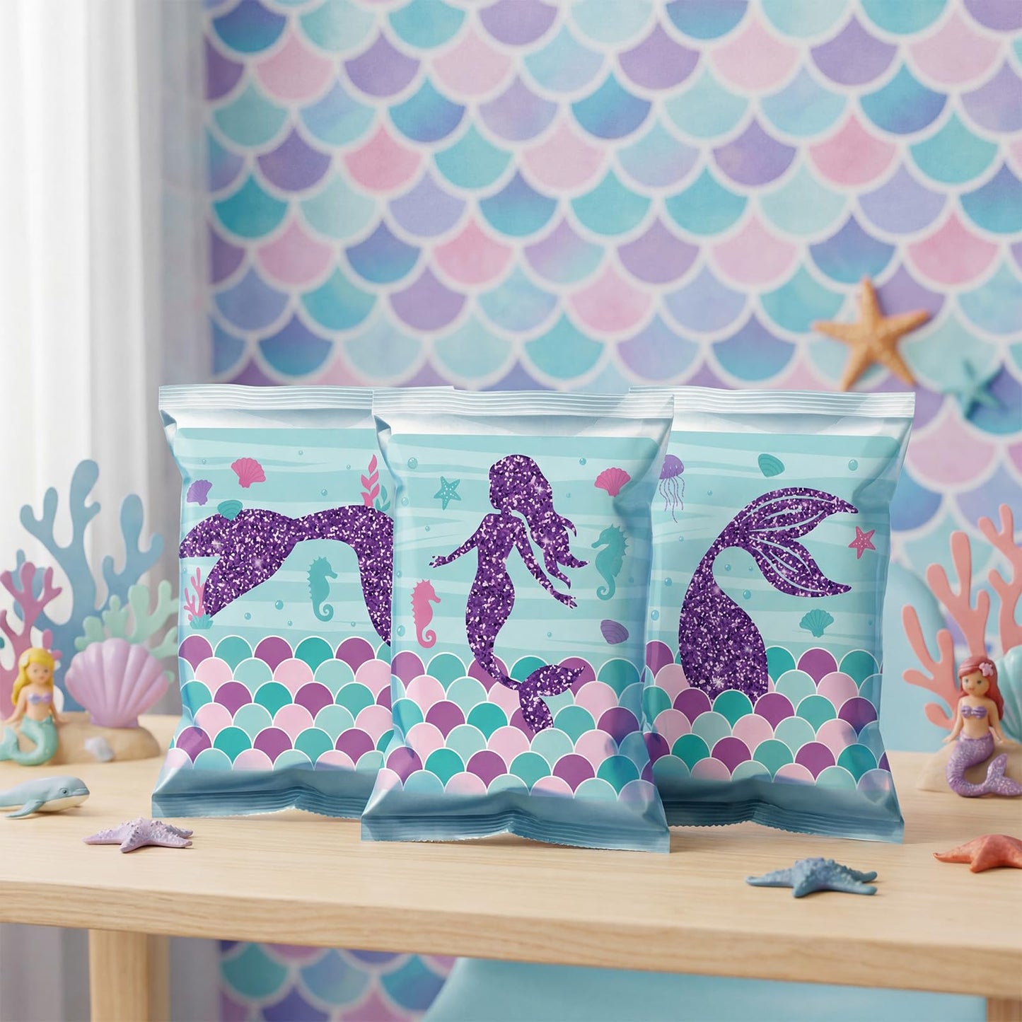 Marspark 36 Pcs Large Size Mermaid Birthday Stickers for Chip Bag 3 Style Mermaid Sticker Party Supplies for Ocean Under the Sea Birthday Snack Goodie Bags Gifts and Decorations, 4 x 3.5 Inches