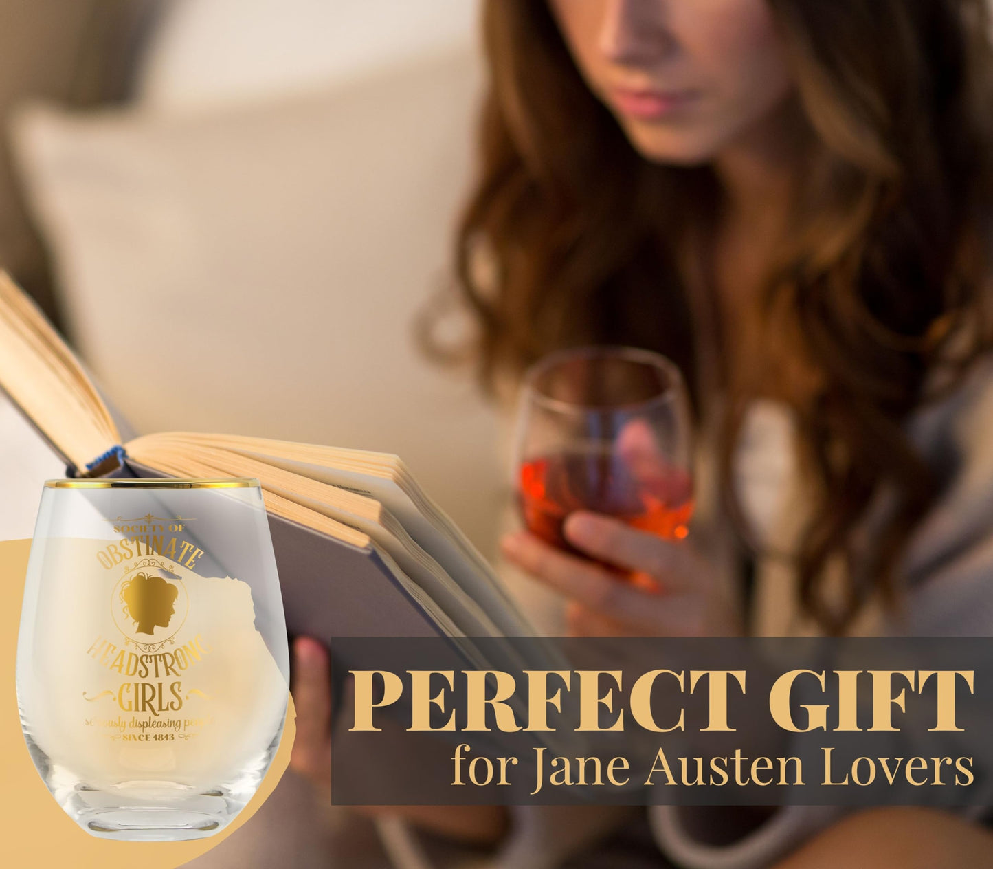 Onebttl Jane Austen Gifts for Women, 18oz Stemless Wine Glasses, Perfect for Pride & Prejudice Book Lovers for Birthday, Christmas
