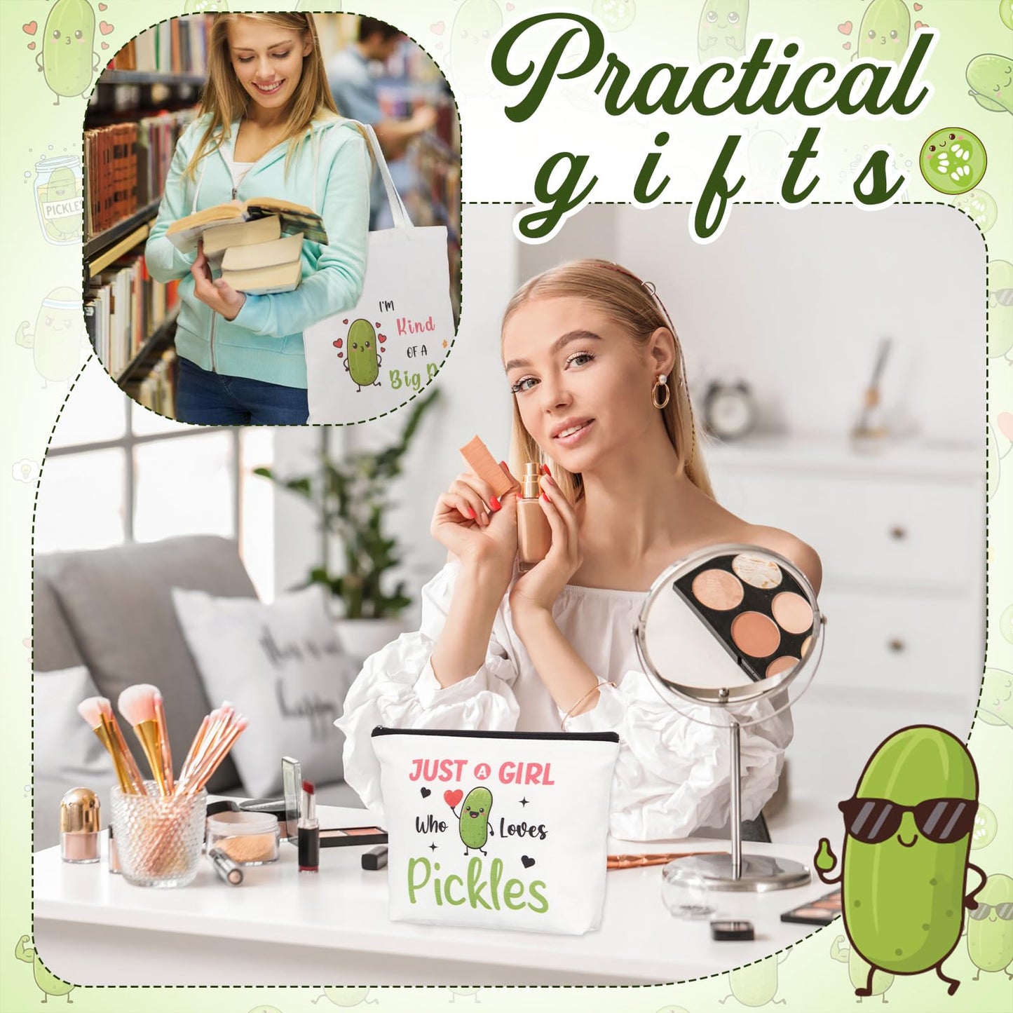 Gilprop 6 Pcs Pickle Gifts for Pickles Lovers Shopping Tote Bag Keychain Cosmetic Bag Sock Spiral Notebook Ballpoint Pen Just a Girl Who Loves Pickles Birthday Christmas Gift Pickle Gift Set for Women