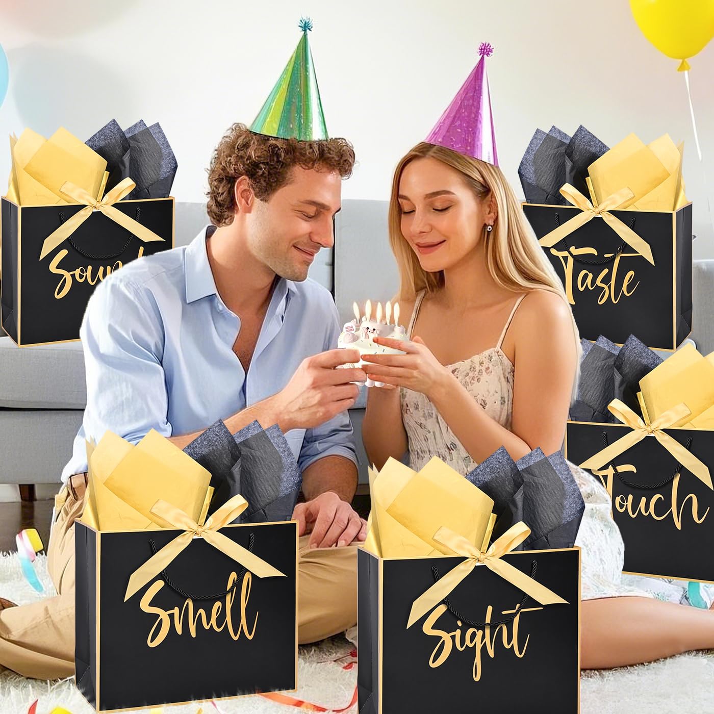 Large 5 Senses Gift Bags for Him Her, Gold Foil Sight Smell Touch Taste Sound Gift Bags,Five Senses Gift Bag for Him with Handles and Tissue Paper for Birthday, Mothers Day, Anniversary, Christmas12 x 10 x 4 Inch (Black)