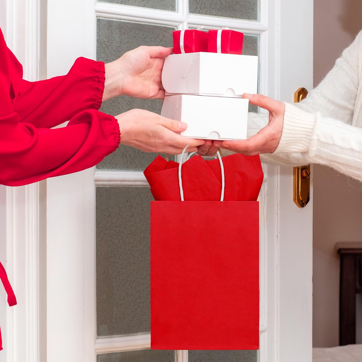 Whaline 24 Pcs Valentine's Day Gift Bags Valentines Kraft Paper Bags with Tissue Paper Gradient Red Pink Party Favor Bag Treat Goodie Bag for Anniversary Wedding Gift Giving Classroom Exchange Prizes
