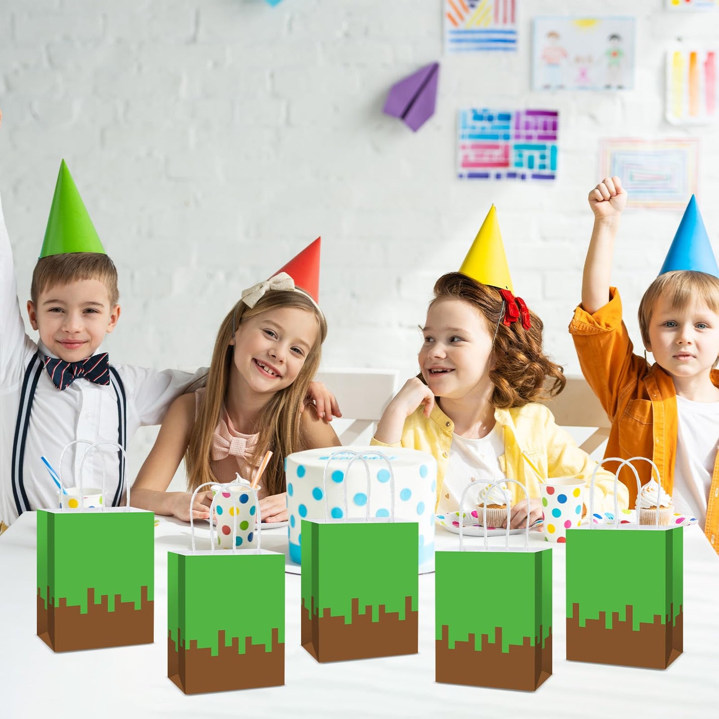 12Pcs Pixel Theme Party Favor Bags Video Game Party Supplies Pixel Paper Gift Mining Theme Goodie Bags with Handle Gamer Birthday Treat Candy Bag for Kids Pixelated Birthday Baby Shower Decoration