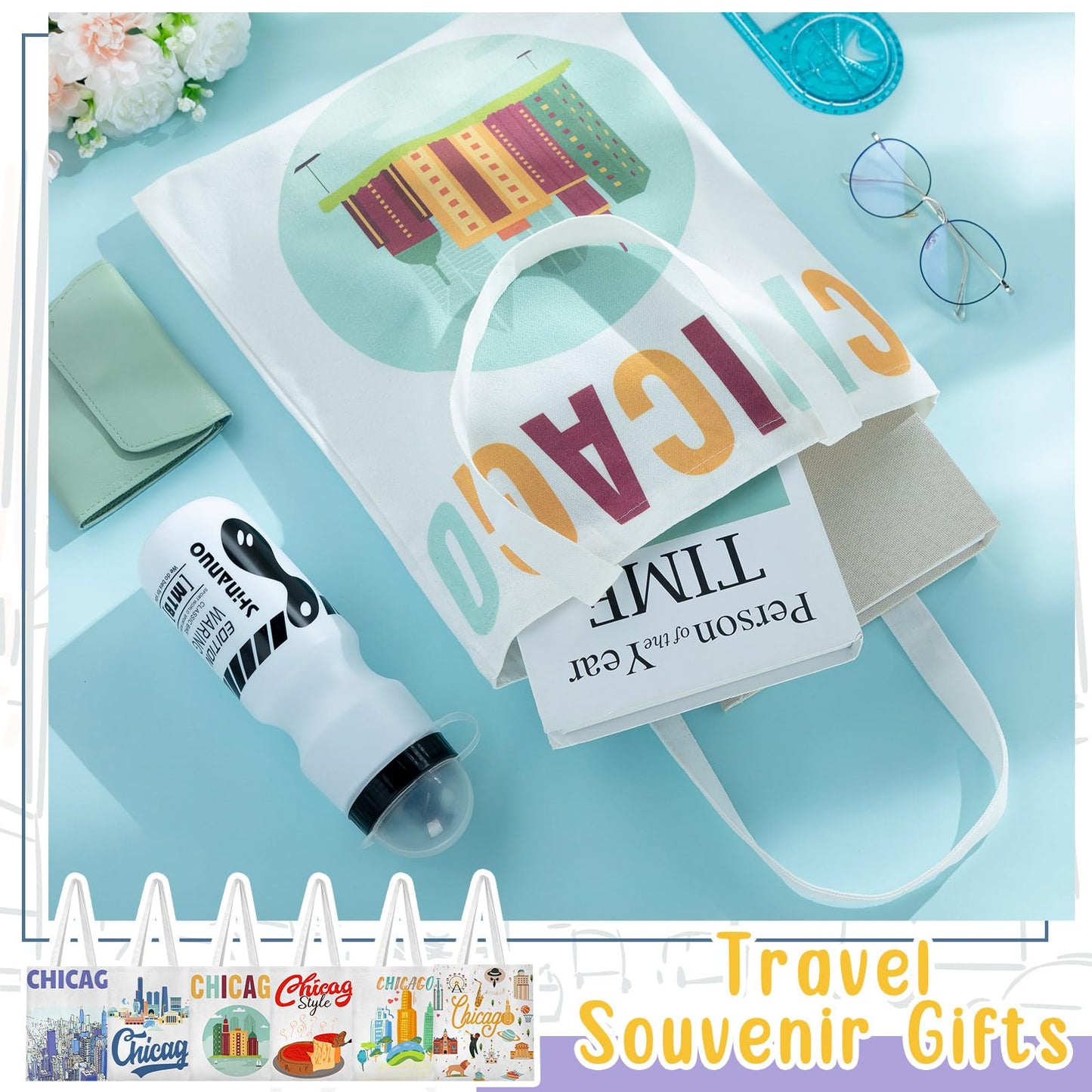 Paterr 6 Pcs Chicago Canvas Tote Bag Watercolor Chicago City Souvenir Gift Souvenir Women Travel Gifts Grocery Shopping Bag Christmas Party Favors
