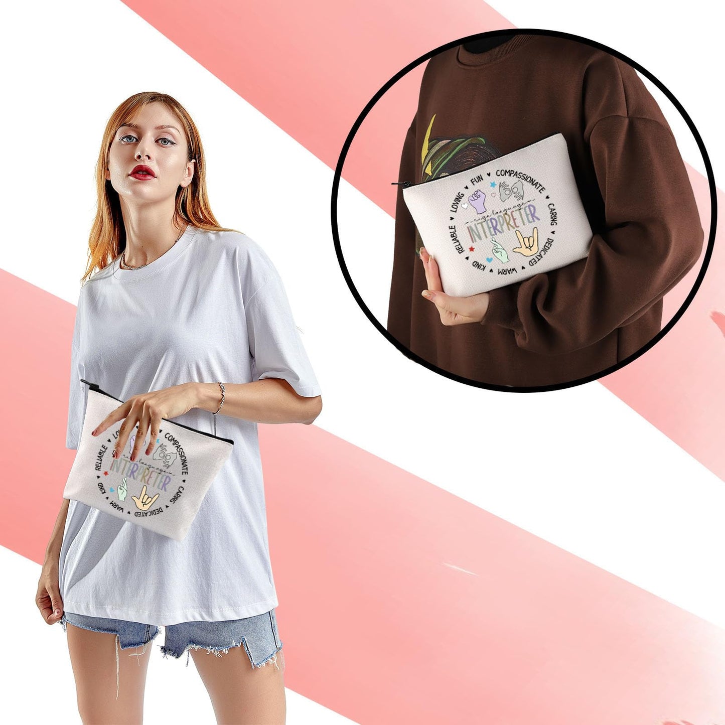 ASL Interpreter Appreciation Cosmetic Bag Sign Language Teacher Makeup Bag Best Interpreter Ever Gift Deaf Teacher Gift (WarmInterpreter Mup)