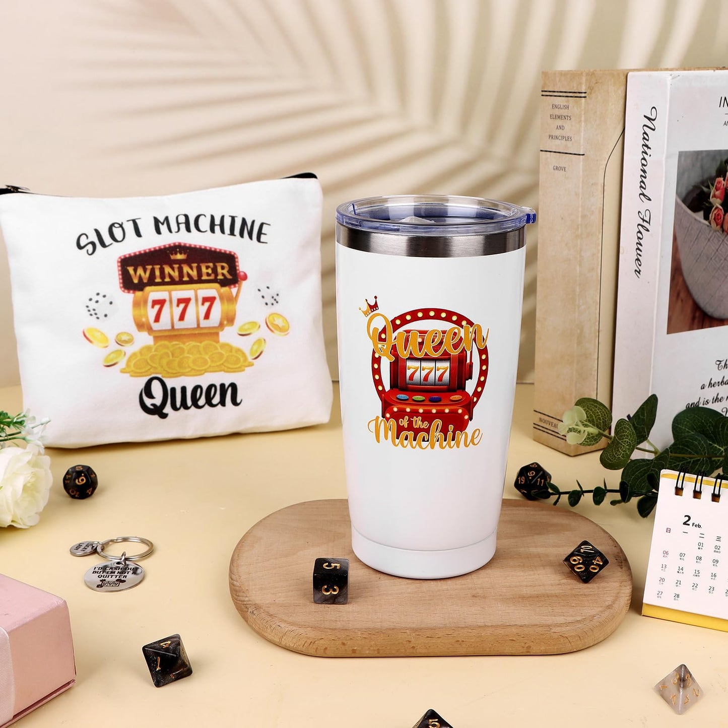 3Pcs Casino Gifts for Women Gambling Gift Queen Of The Machine 20 Oz Tumbler Cup Travel Mug Keychain Makeup Bag Slot Machine Present for Casino Lovers Birthday Mother's Day Christmas