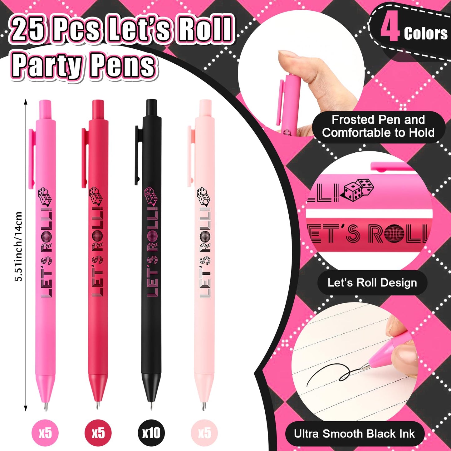 Sayglossy 25 Pcs Let's Roll Ballpoint Pens Gifts Bulk for Guests Women Dice Players Casino Themed Wedding Party Supplies Las Vegas Night Party Favors