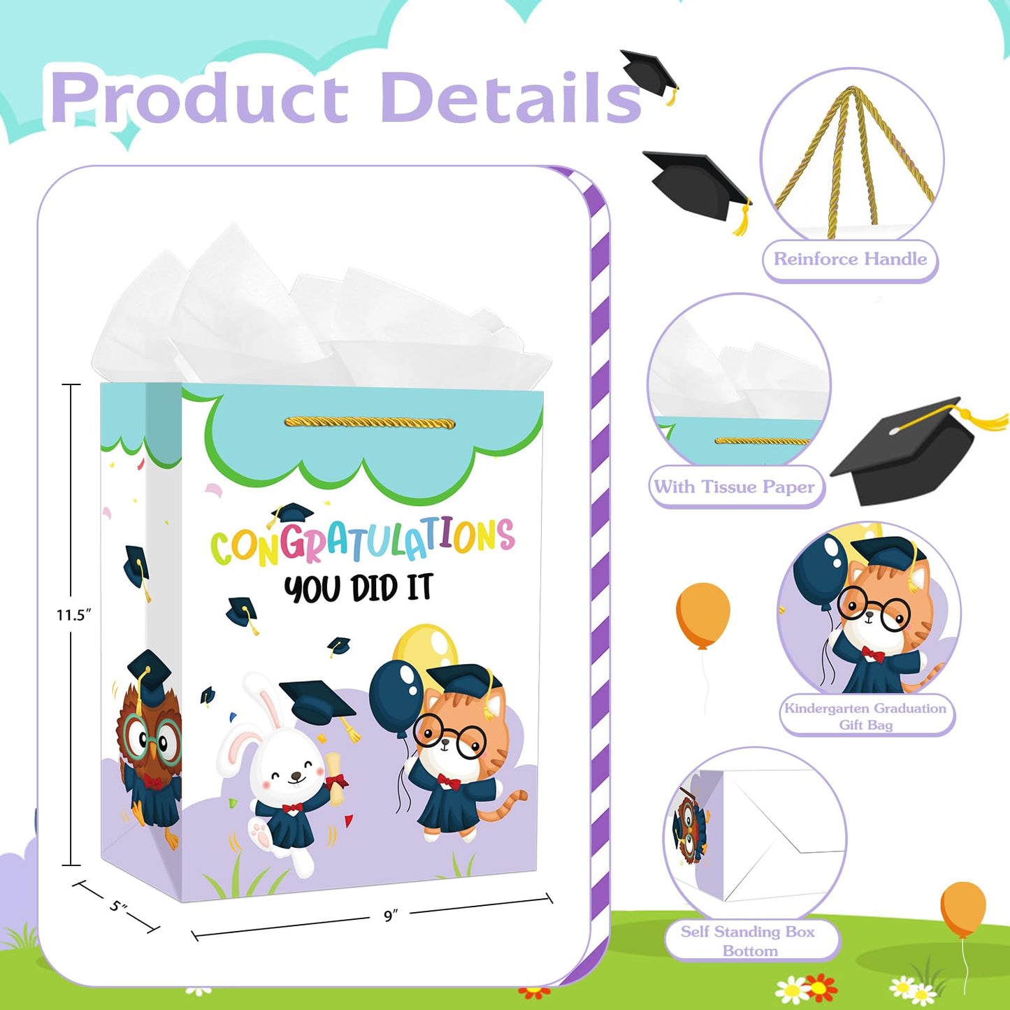 PETCEE Kindergarten Graduation Gift Bags - Congratulations Pre-K Preschool Graduation Gifts for Boys Girls You Did It Kindergarten Paper Gift Bags with Tissue Paper for Kids Daughter Son Graduates
