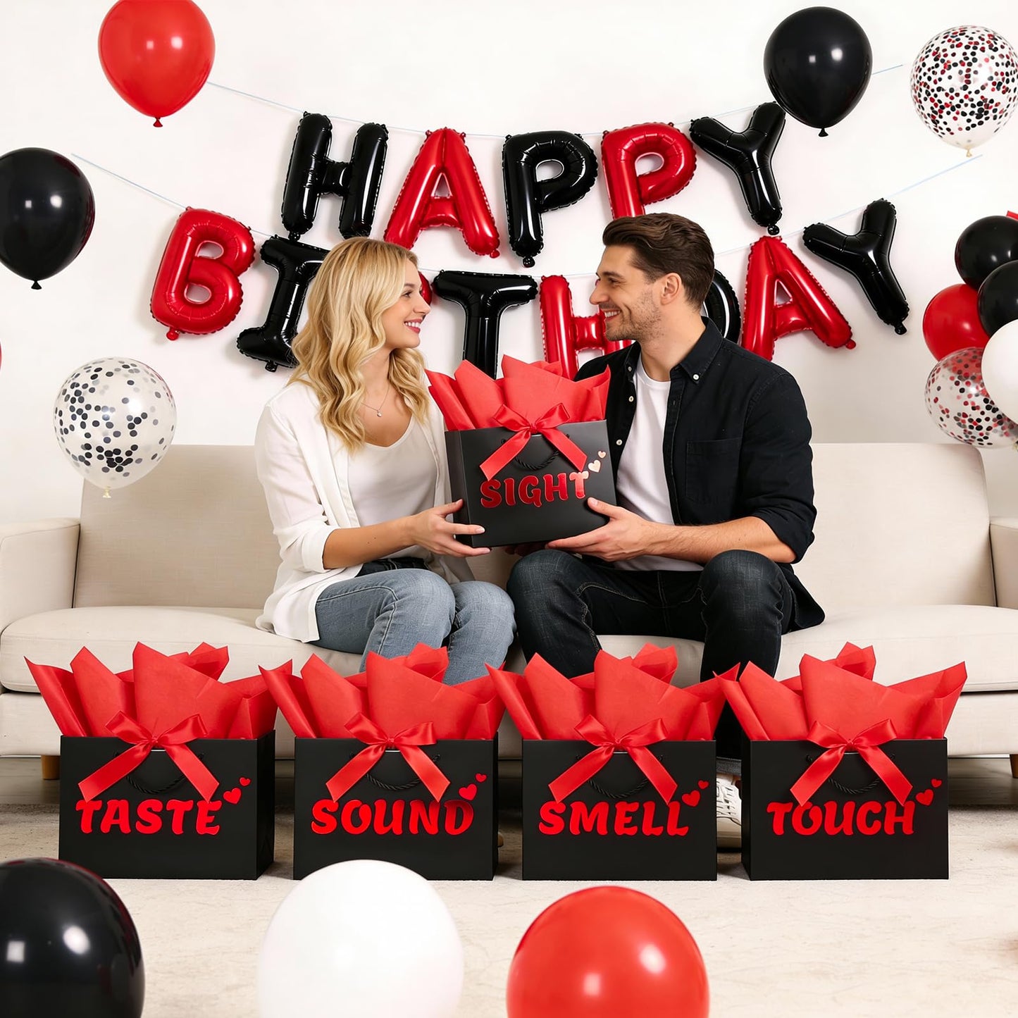 5 Senses Gift Bags for Him with Labels, 9"x4"x7" Gift Bag Tissue Paper Bow Ribbon Happy Birthday Decorations Kit with Banner, Balloons, Rose Petals, Card for Men, Women, Wedding, Valentine's Day