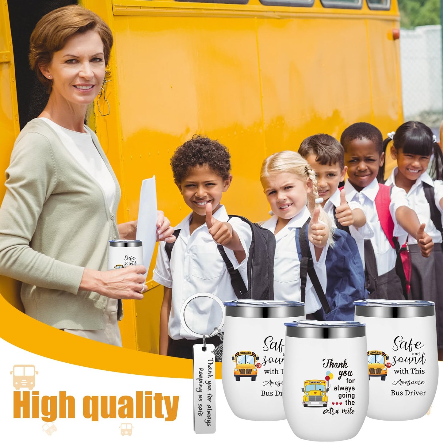 Rtteri 6 Pcs Bus Driver Appreciation Gifts for Men Women School Bus Driver Gifts 3 Stainless Steel Thank You Keychains and 3 Tumbler Cups 12 oz with Lid & Straw