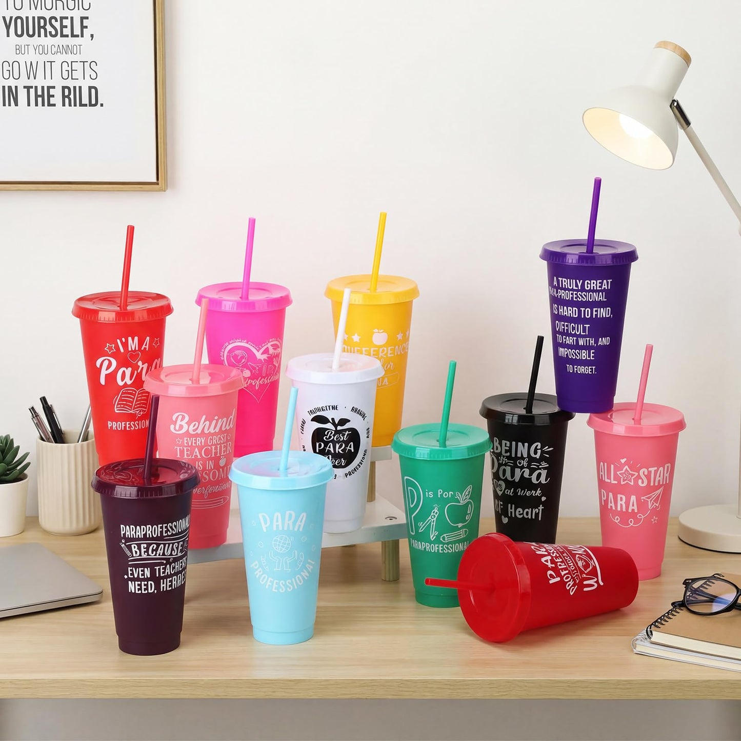Meanplan 24 Pcs Paraprofessional Appreciation Gifts Bulk 24 oz Plastic Tumbler with Lids and Straws Paraprofessional Thank You Cups Travel Mugs Inspirational Gifts for Coworkers Office Supplies