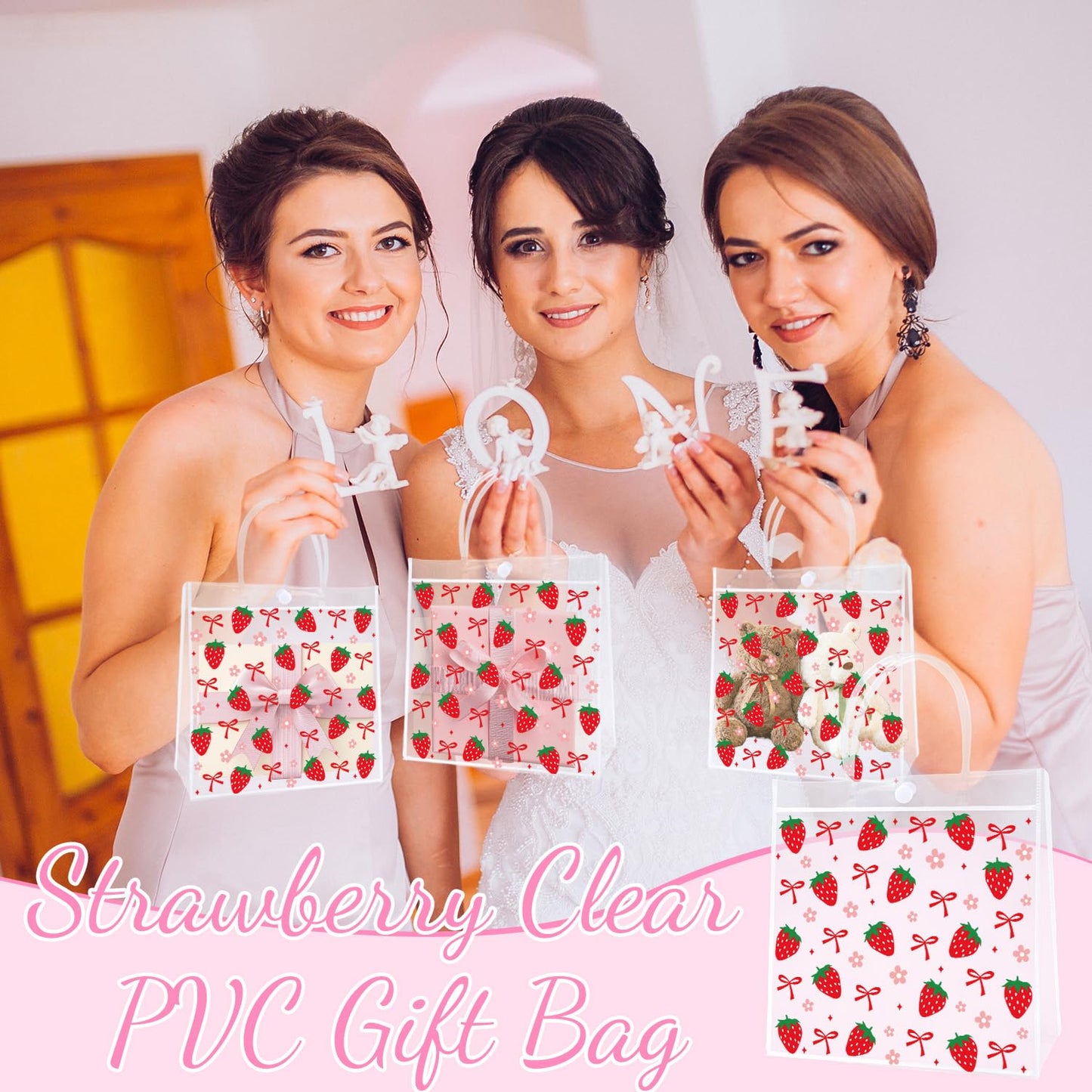Strawberry Clear Party Favor Bags - Sweet Berry Clear Pvc Goodie Candy Bags Fruit Themed Handbag Party Supplies for Wedding Birthday Baby Shower Valentine's Day Mother's Day