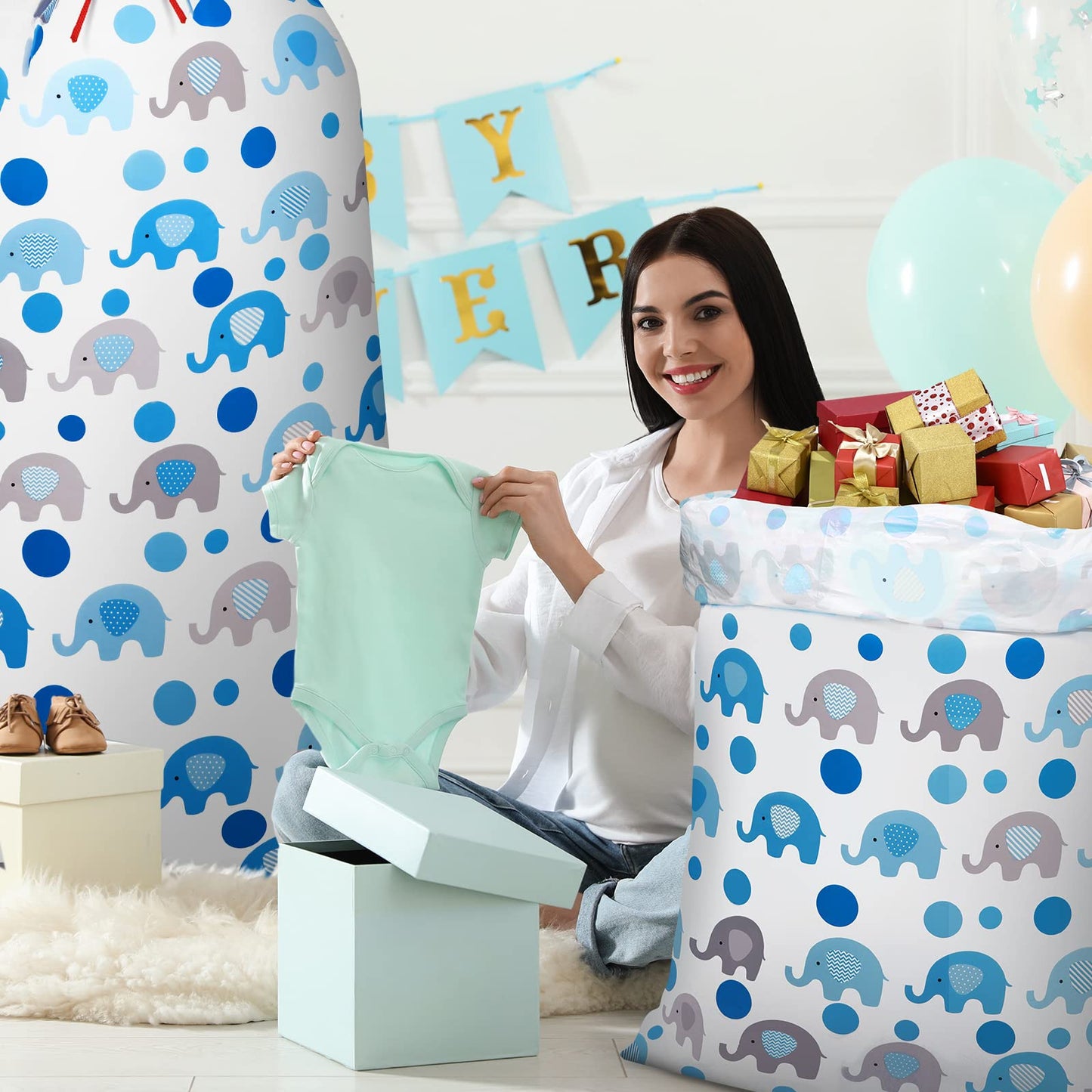 Leinuosen 2 Pcs 70 Inches Extra Large Gift Bags for Baby Shower Jumbo Oversized Plastic Gift Bags with Ropes for Birthday Parents Party Favors(Blue Elephant Polka Dot)