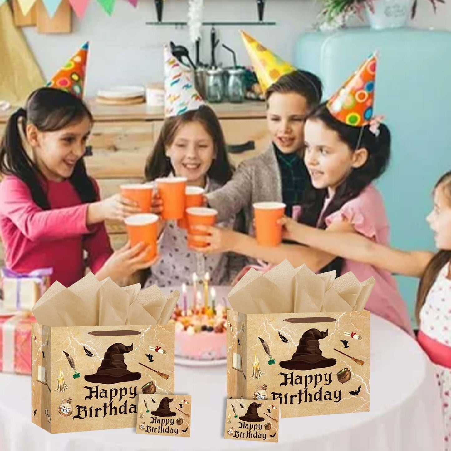 Zliisang Magical Wizard Birthday Gift Bag with Tissue Paper and Greeting Card Magical Hat Birthday Party Favor Bags Wizard Birthday Party Supplies Halloween Party Favors